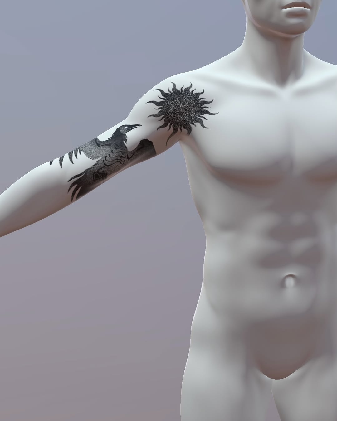 Raven and sun tribal tattoo on the shoulder by Piao