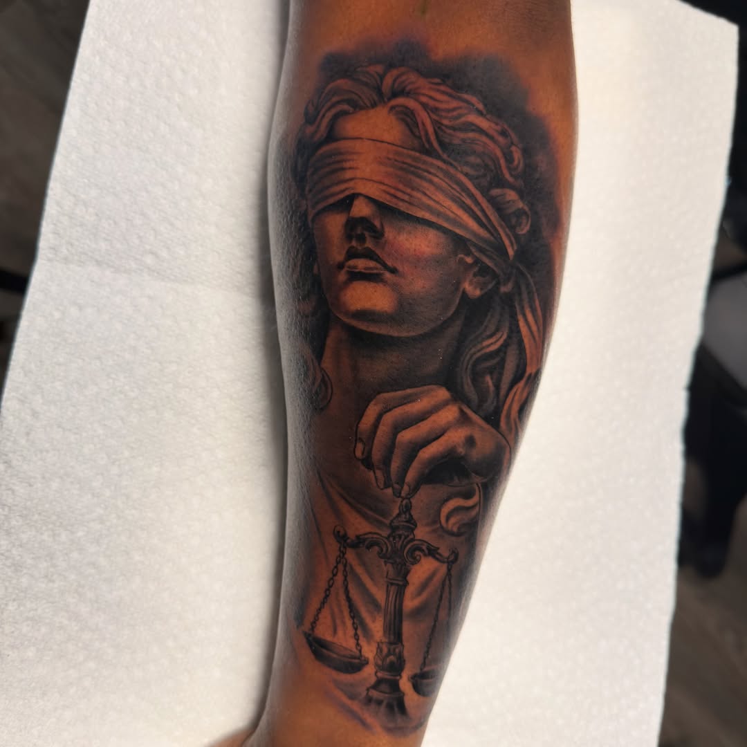 Blindfolded woman realism tattoo on the forearm by Justin Hay
