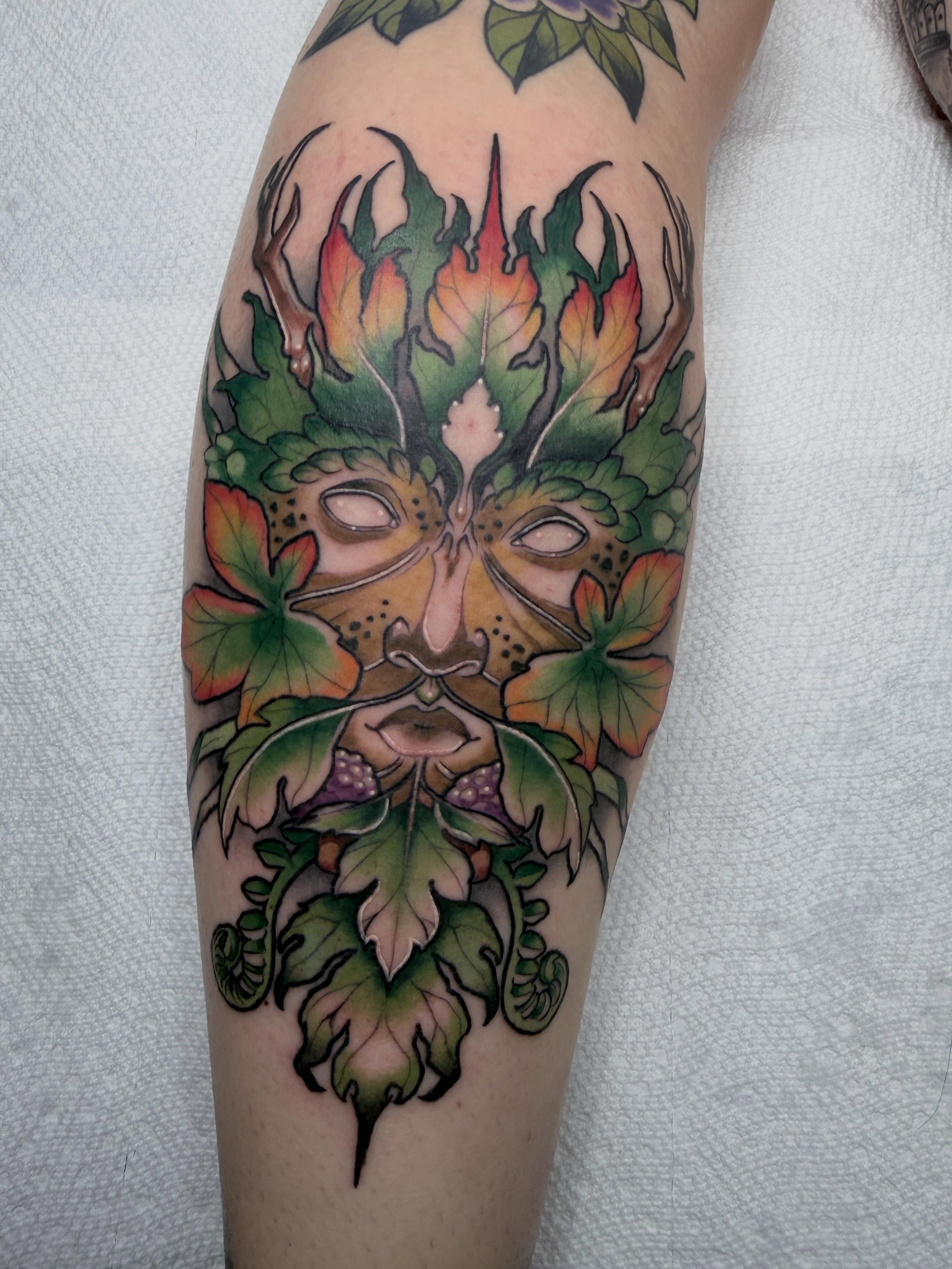 Green man mask American traditional tattoo on the forearm by 🦋ｊｅｓｓｉｃａ  f  o  x🦋, Nashville, Tennessee
