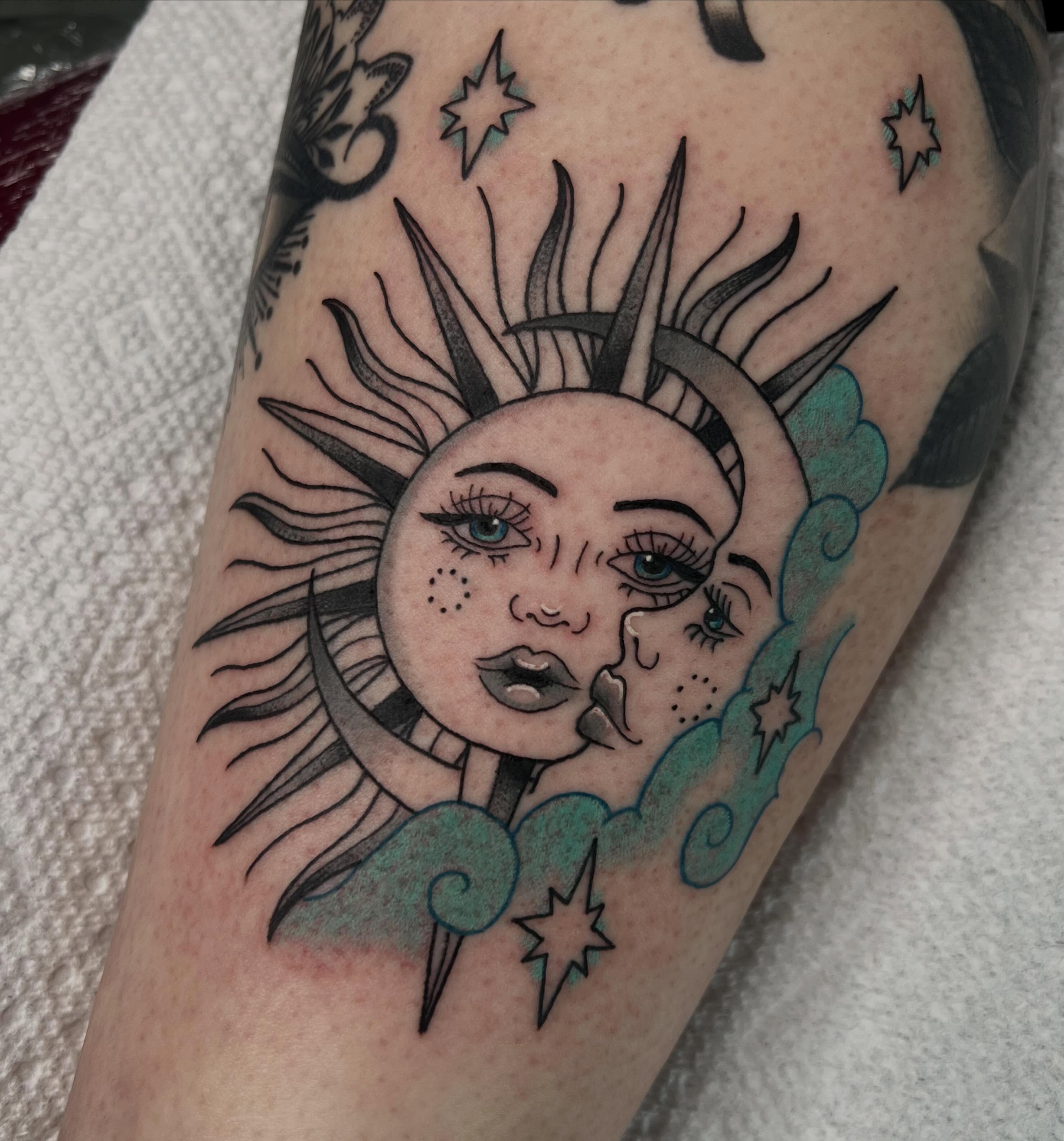Sun and moon American traditional tattoo on the forearm by Kahlan ⍟