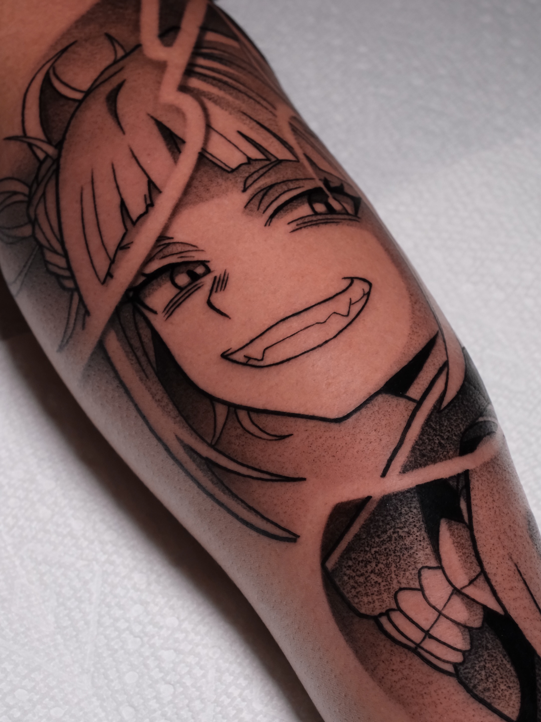 Anime character dotwork tattoo on the forearm by Yakir, Houston, Texas