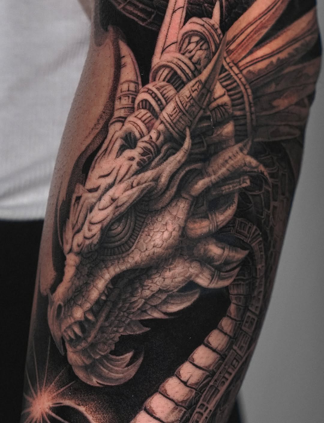 Dragon head Japanese tattoo on the forearm by Sumok Kim