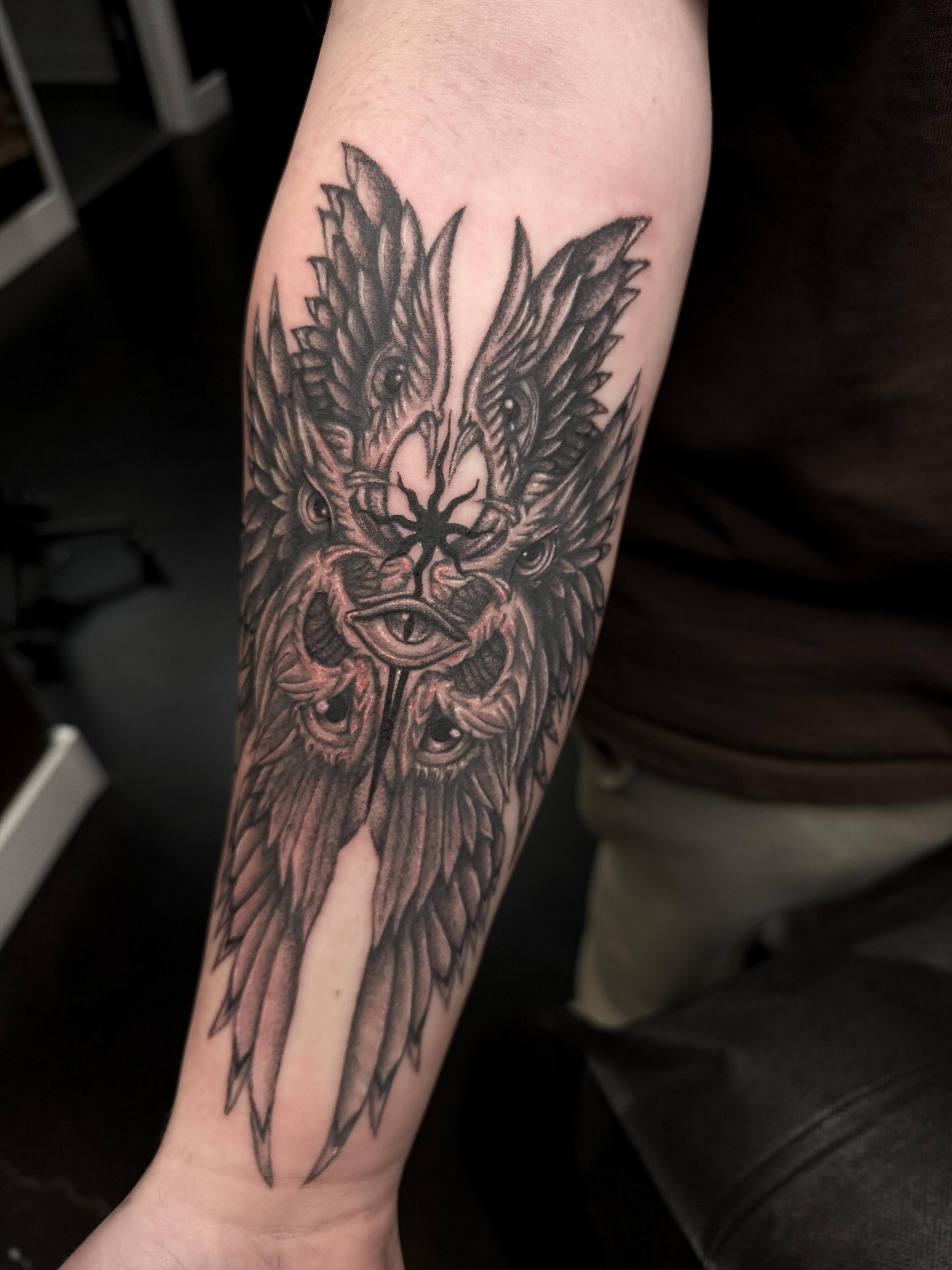 Owl realism tattoo on the forearm by Yvonne