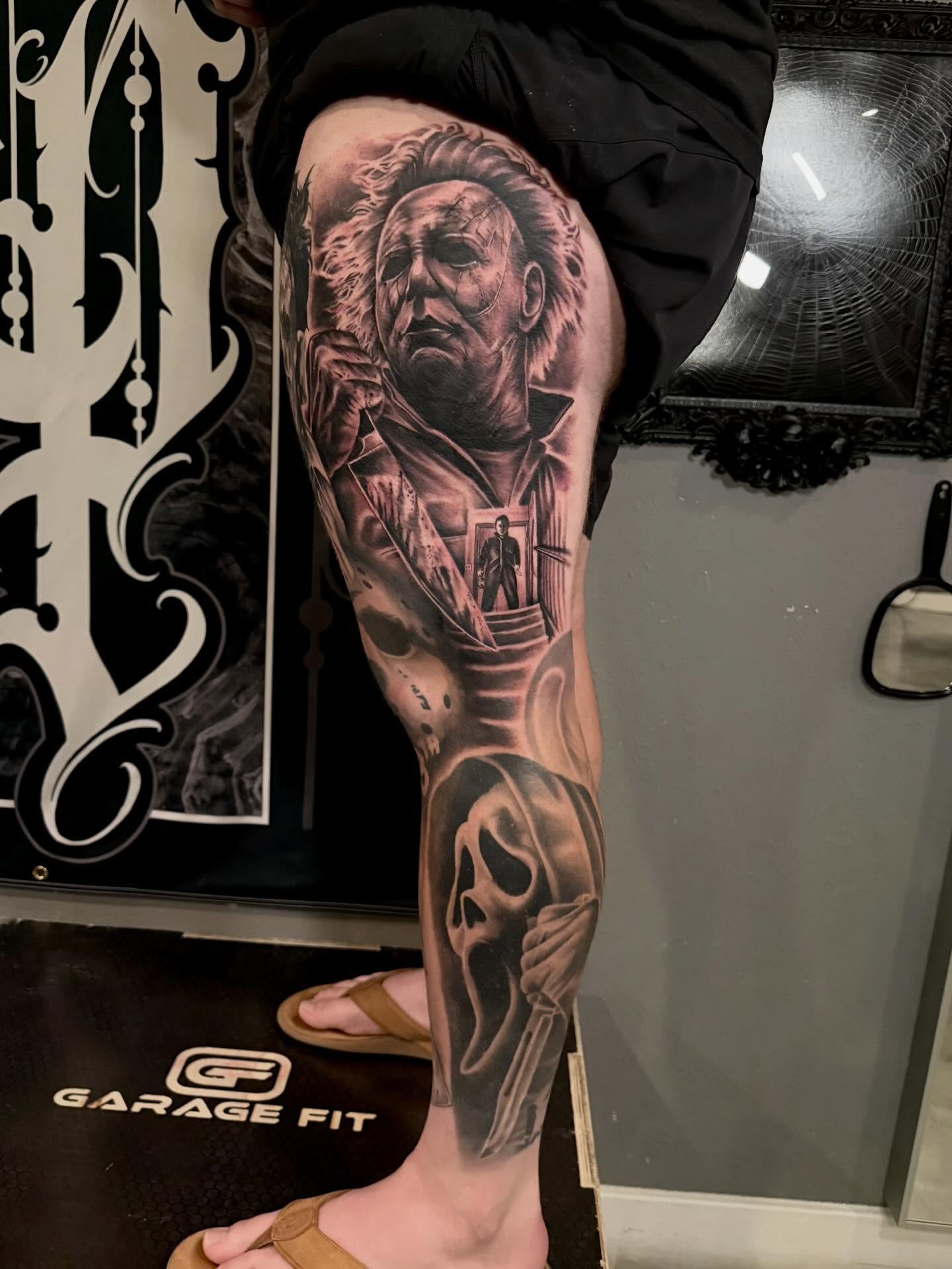 Michael Myers realism tattoo on the forearm by Cody Pappas
