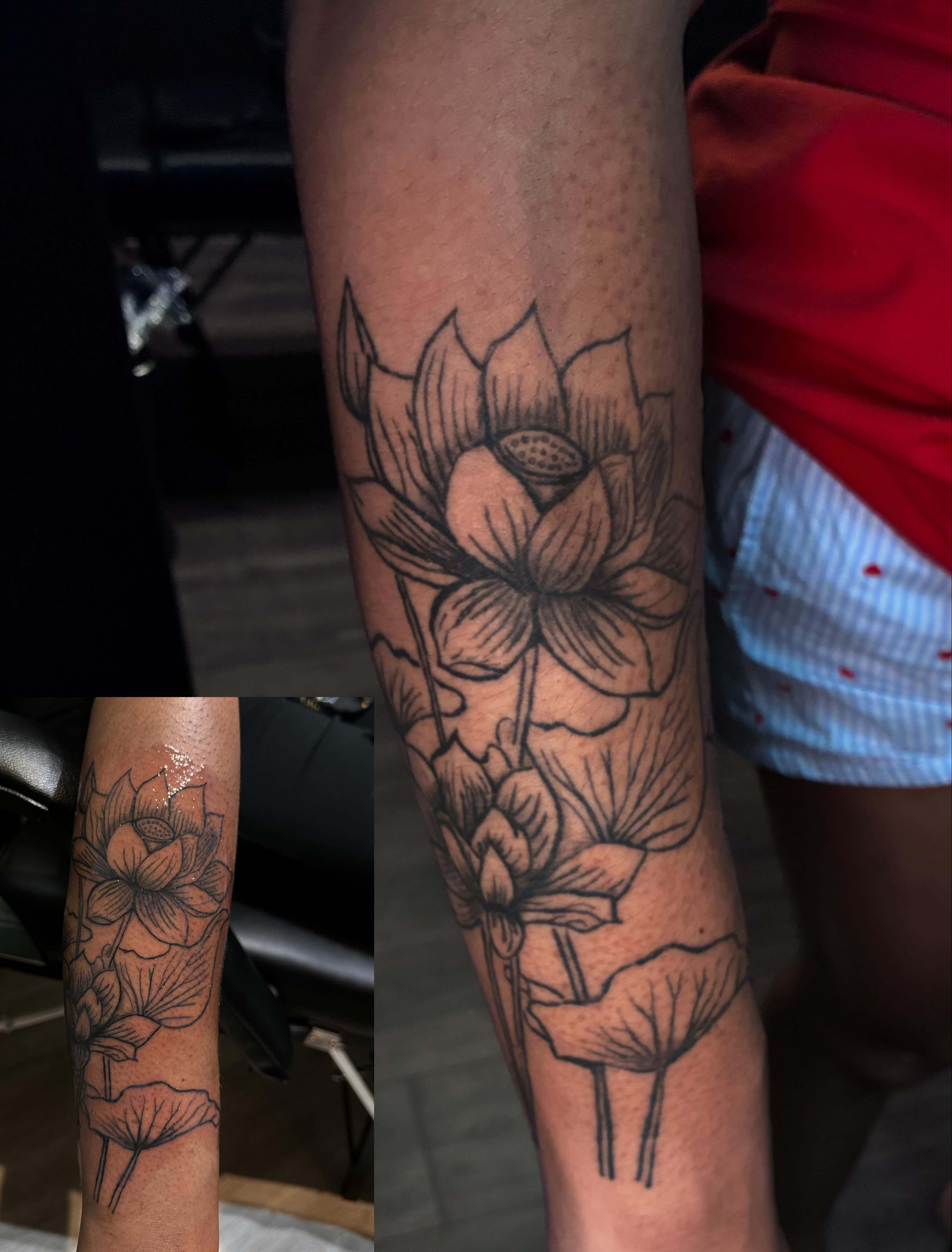 Lotus flower black and grey tattoo on the forearm by Ink’d by Reina 🖤, Colorado Springs, Colorado