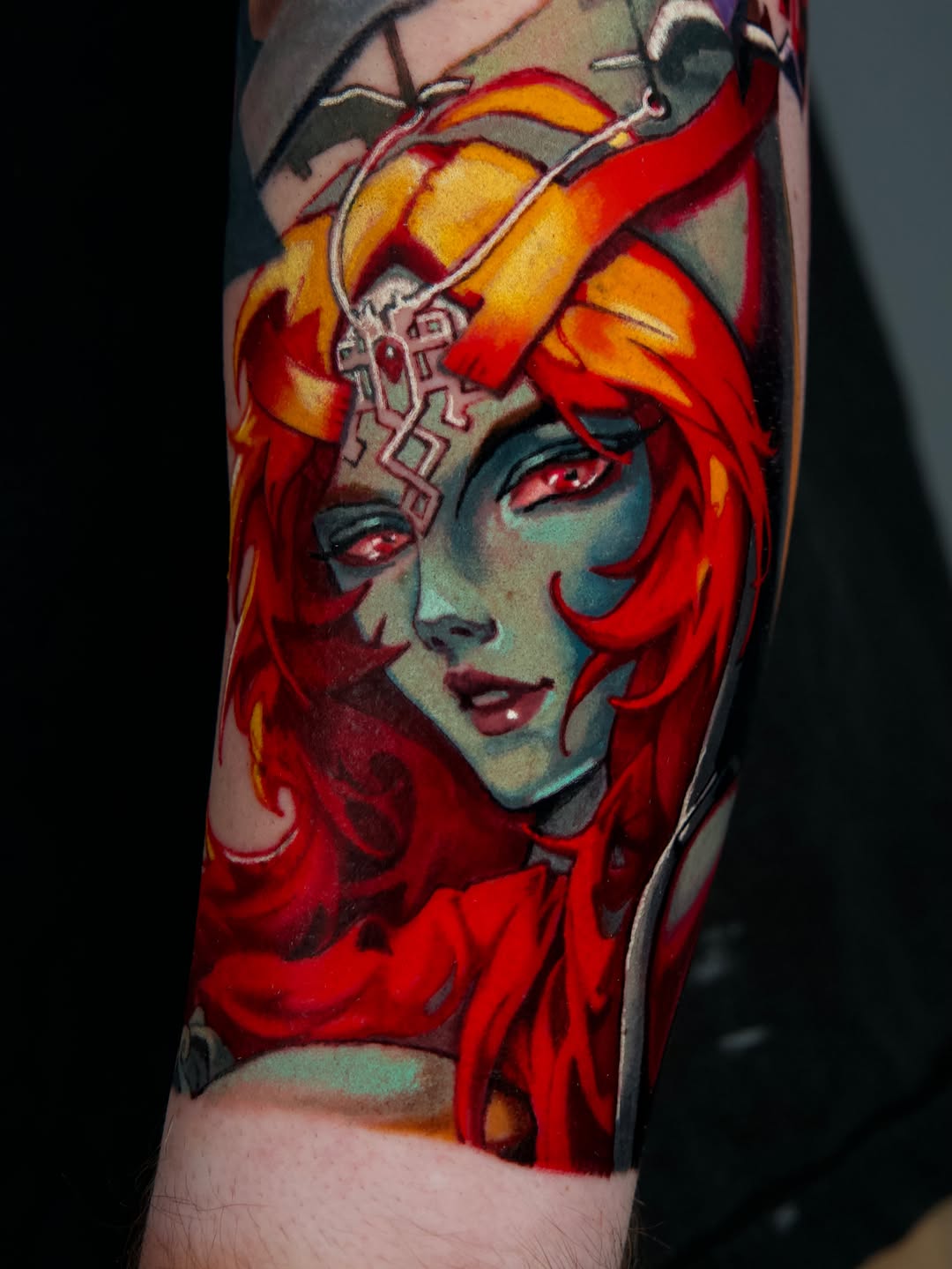 Zelda character portrait neo-traditional tattoo on the forearm by Nate