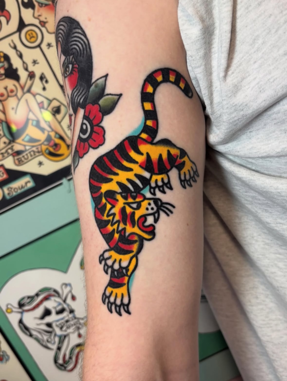 Tiger American traditional tattoo on the forearm by Traditional Tattooing
