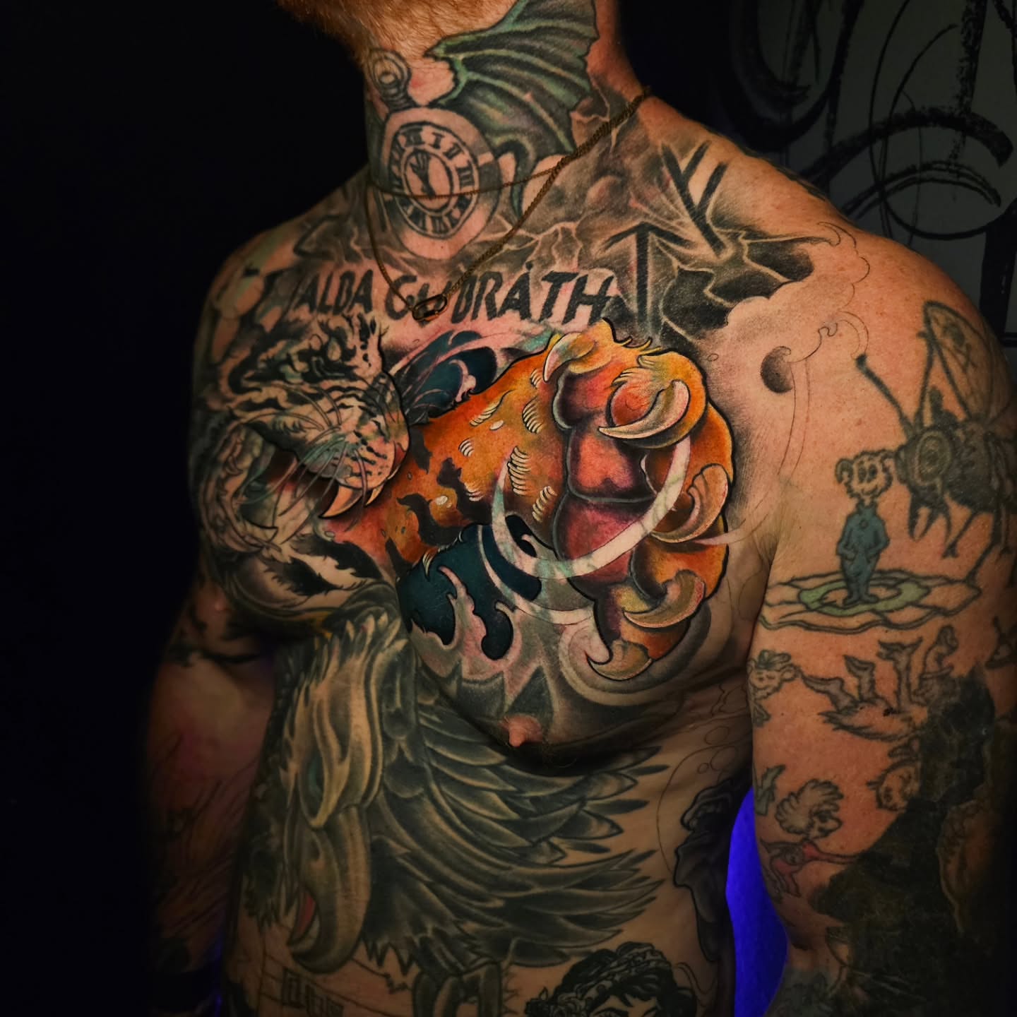 Bull and floral American traditional tattoo on the chest by Adriannah Esparza
