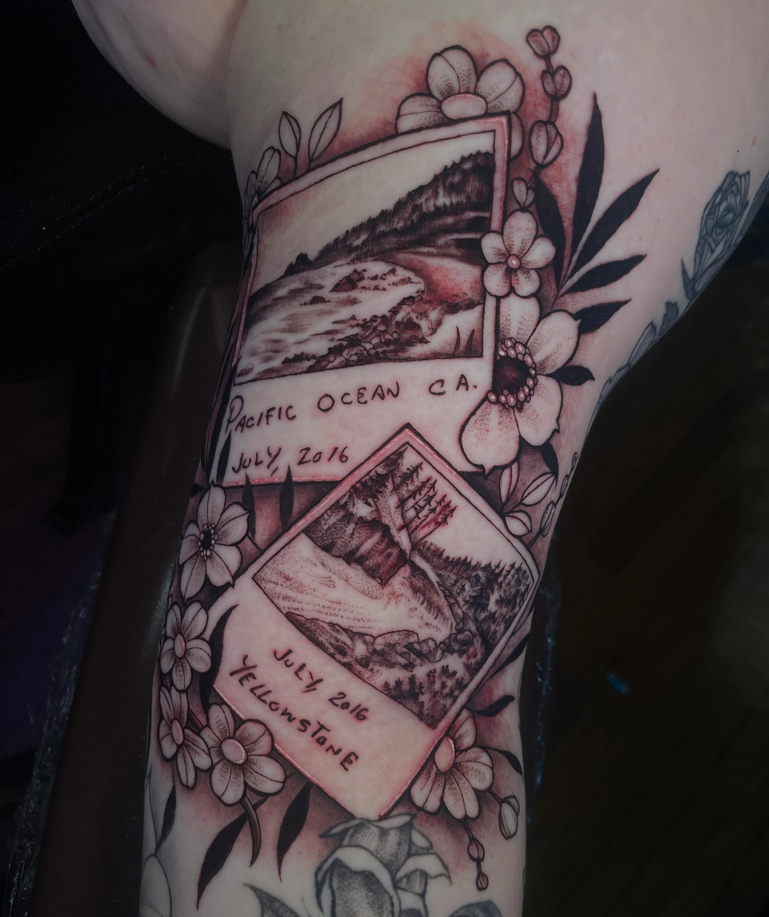 Photographs and floral motifs realism tattoo on the forearm by Lauren Sisouphanh, Canton, Ohio