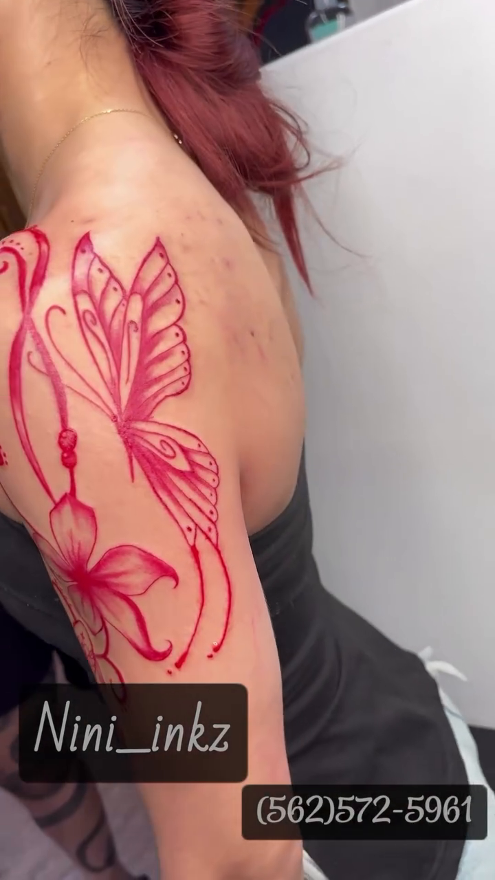 Floral and butterfly tattoo cyber sigilism tattoo on the shoulder by Mi♥️Amor♥️Ink