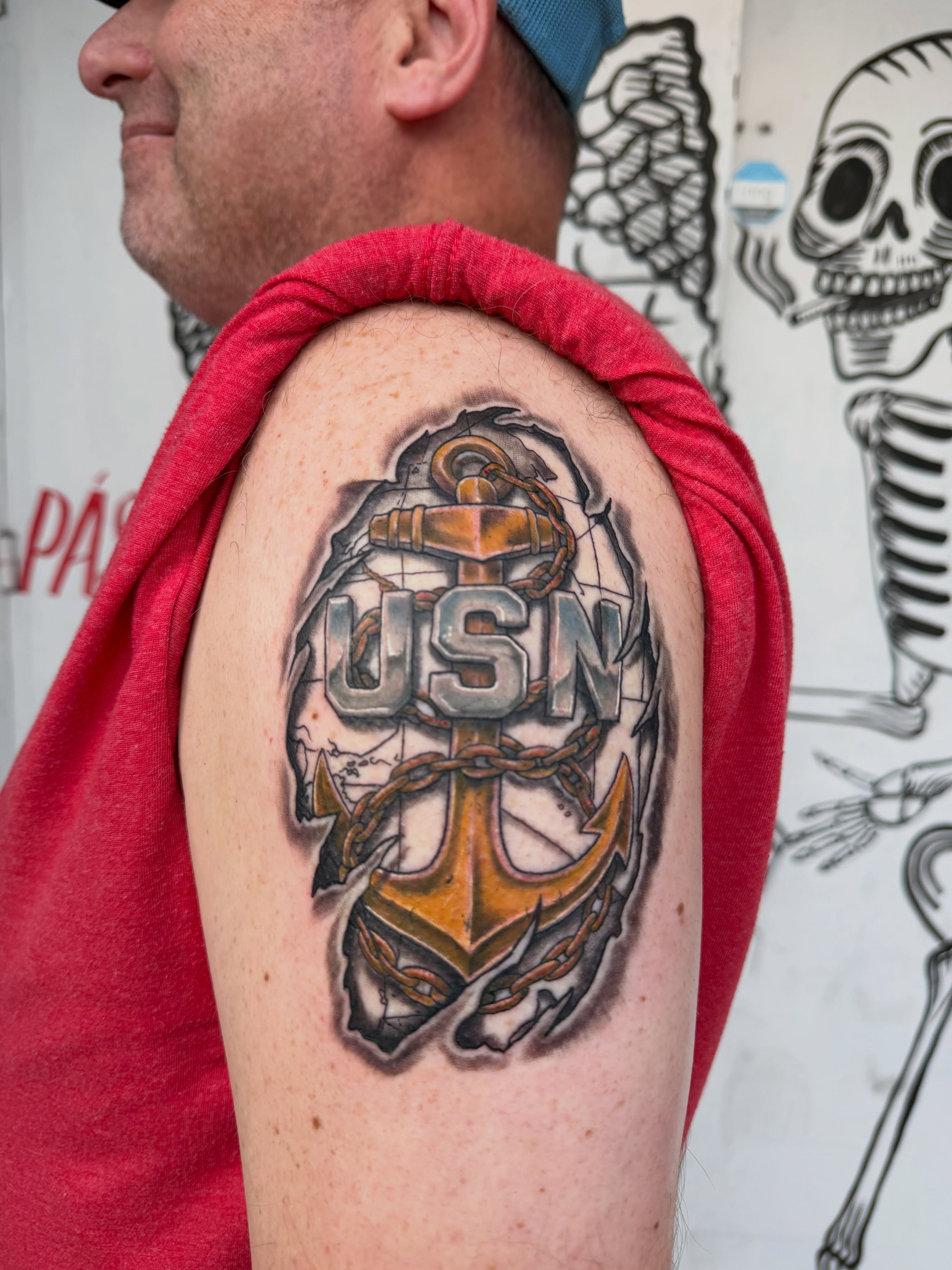 USN anchor realism tattoo on the shoulder by Barbara Gonzalez
