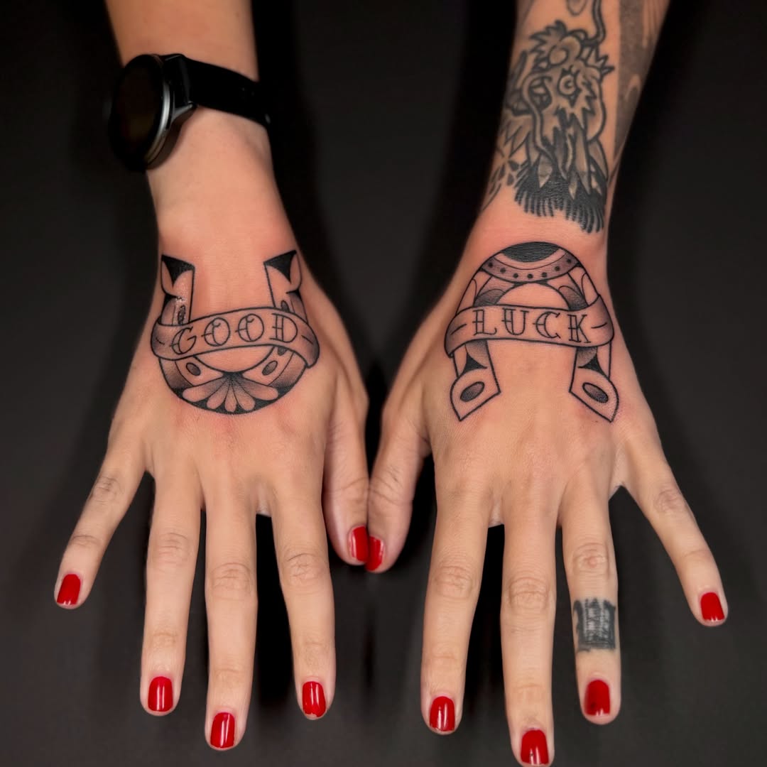 Good luck black and grey tattoo on the hand by Kail