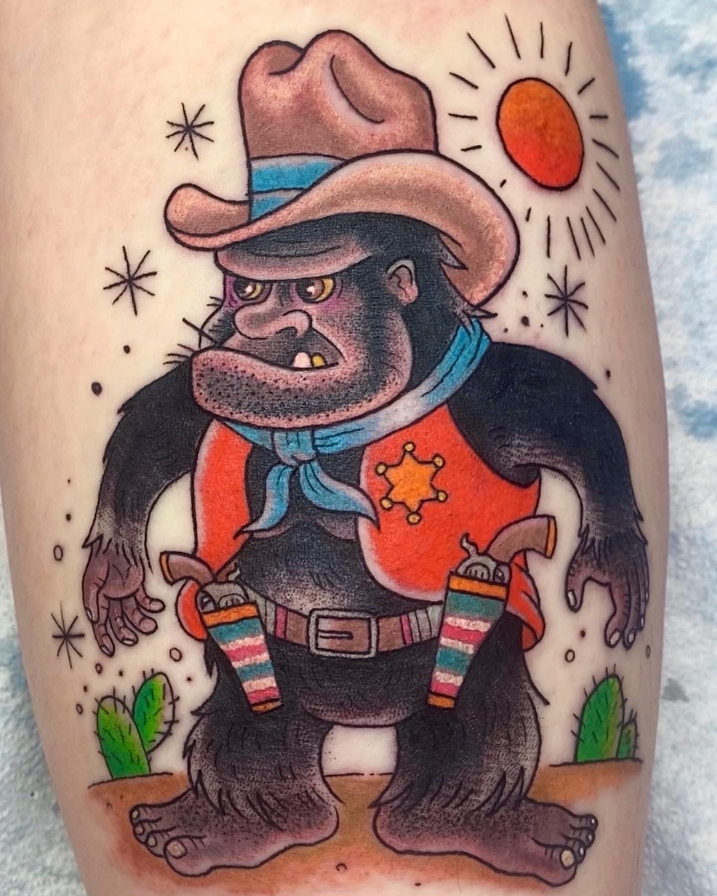 Gorilla cowboy American traditional tattoo on the thigh by Aidan Monahan Tattoo