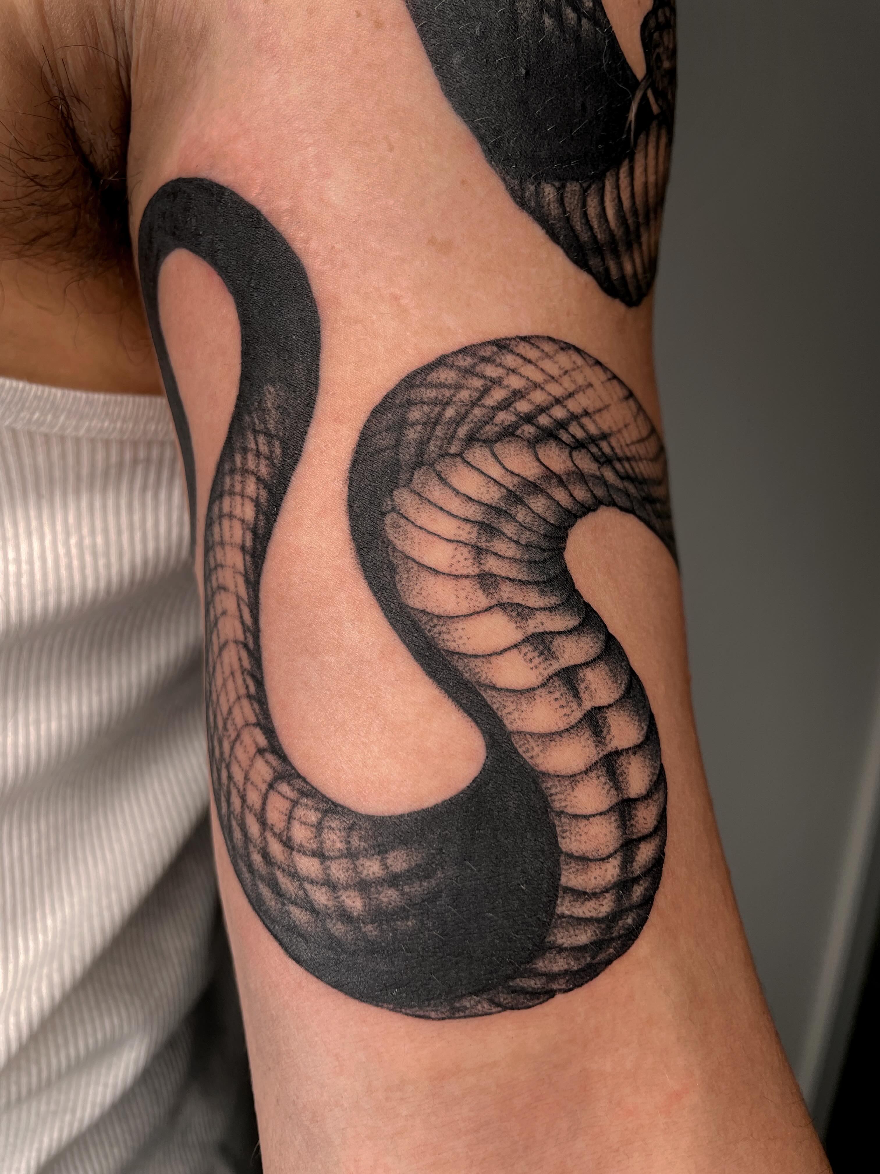 Snake dotwork tattoo on the forearm by Vash