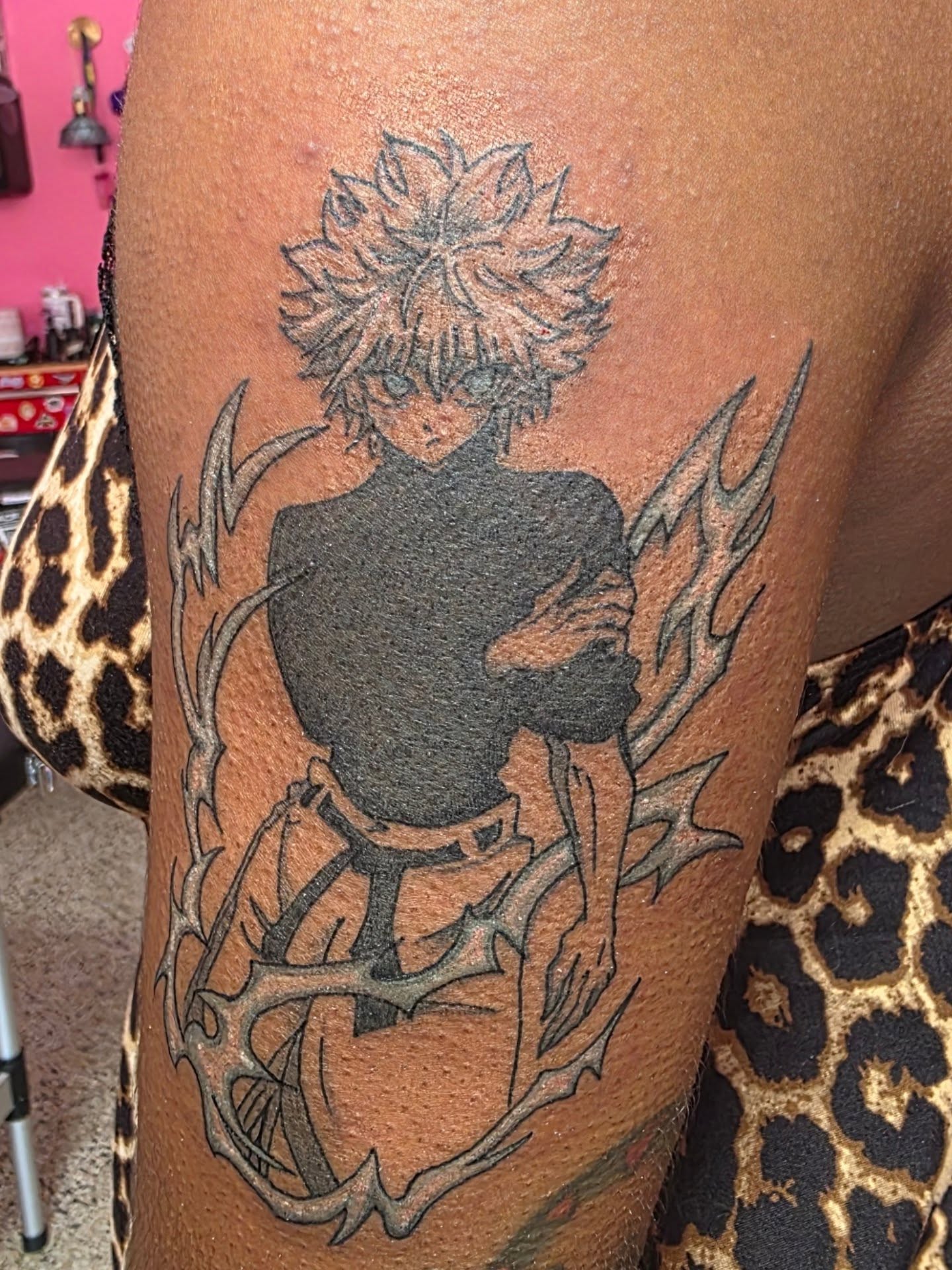 Anime character black and grey tattoo on the thigh by K.F. Golden