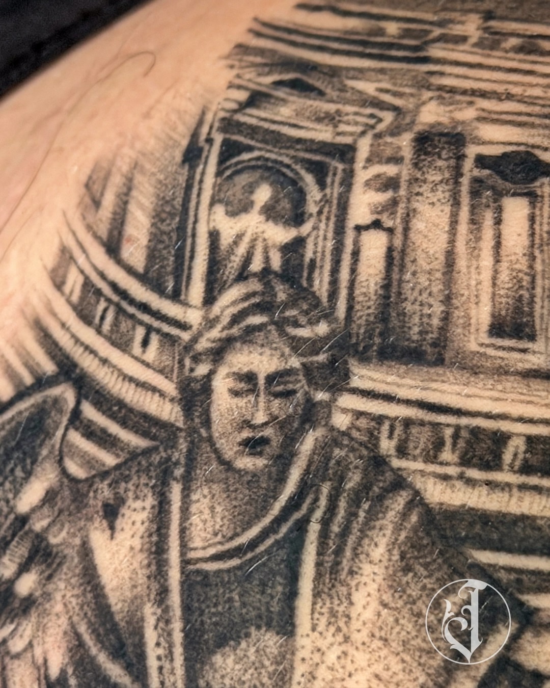 Statue black and grey tattoo by Tattoos By Josh