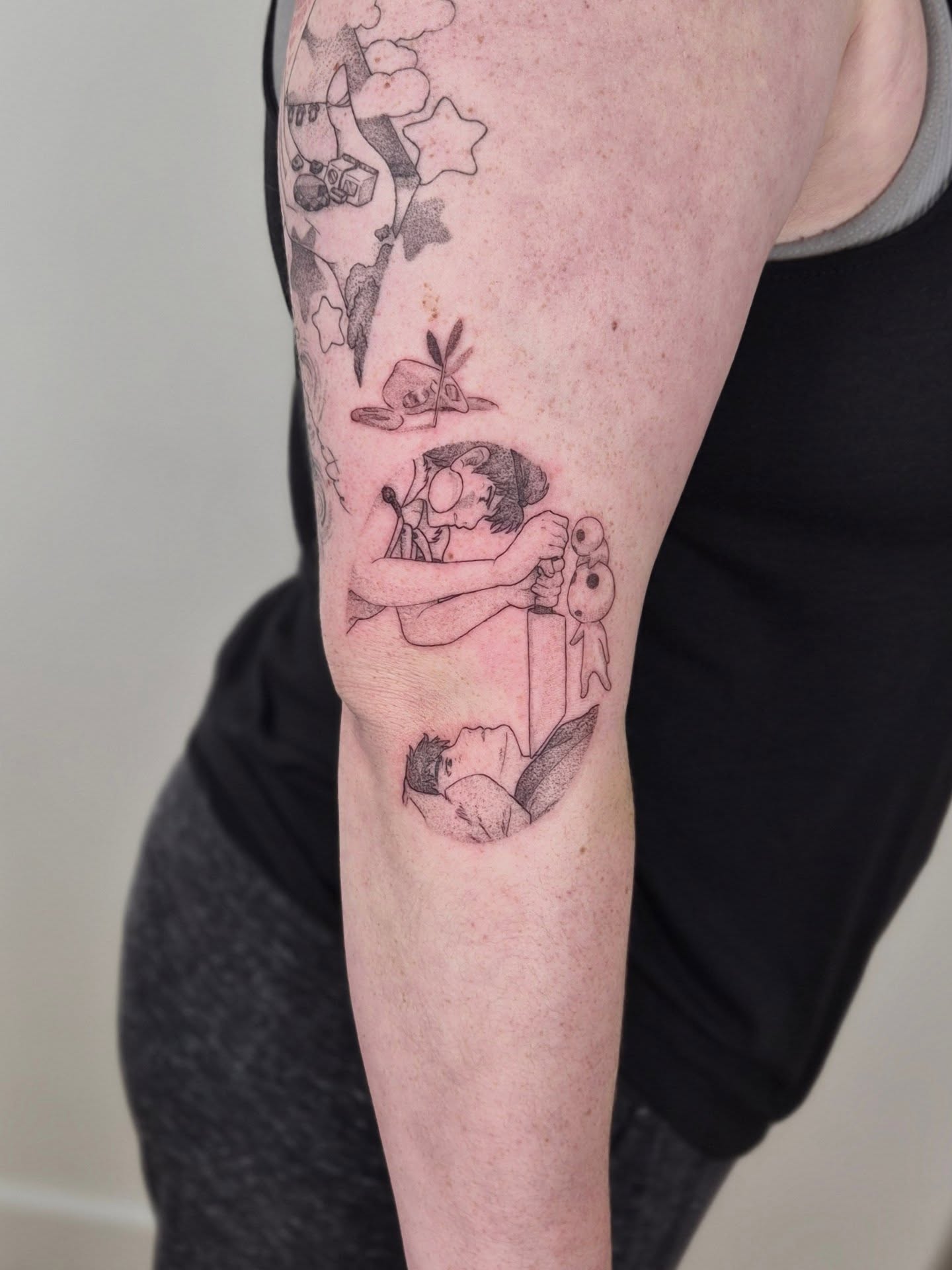 Child and teddy bear black and grey tattoo on the forearm by Sophorn Long (soapy)