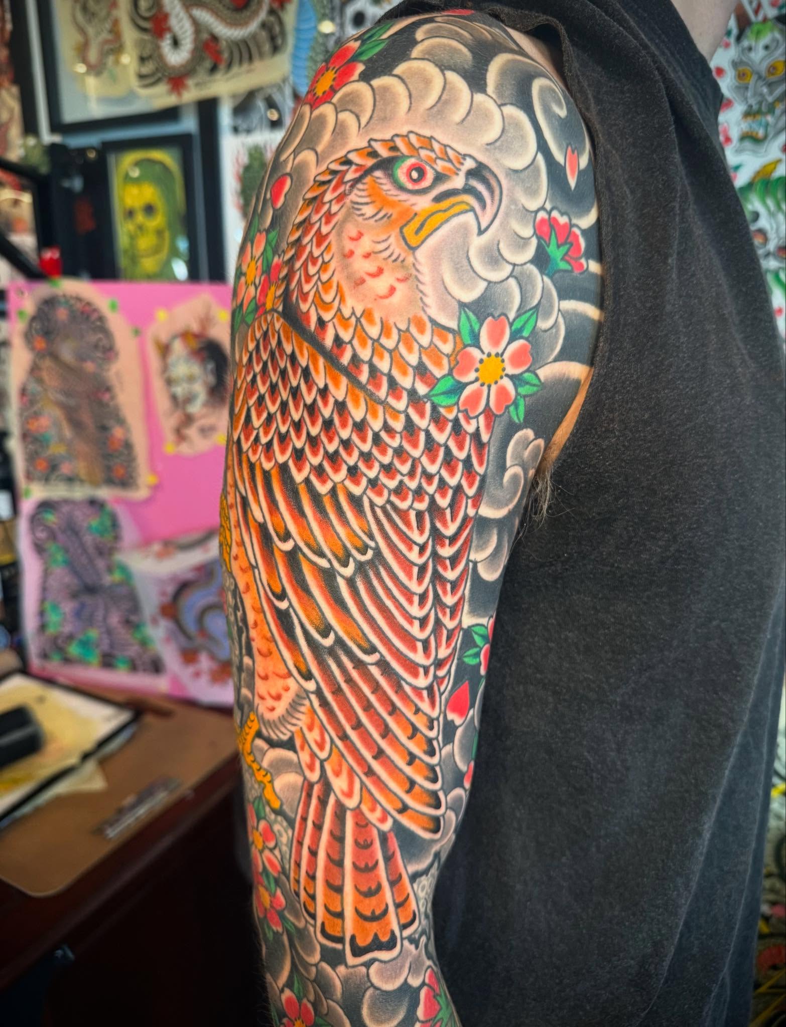 Bird japanese irezumi tattoo on the upper arm by Noah Moretz