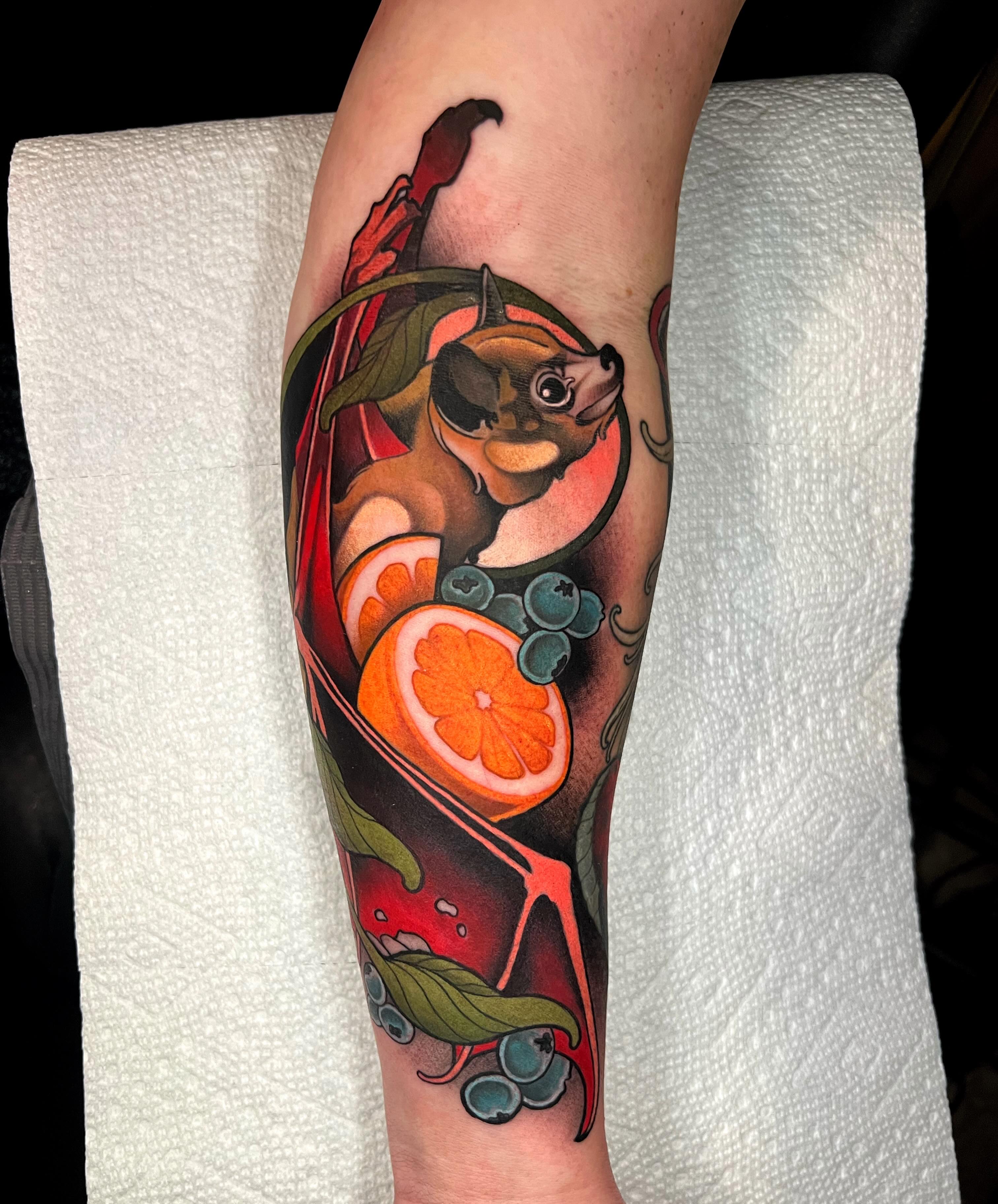 Cherry and fruit American traditional tattoo on the forearm by Skyler Miller