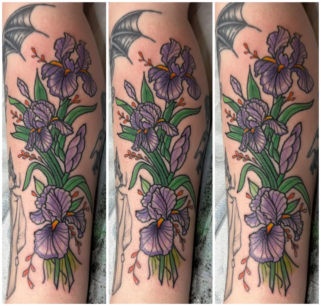 Iris flowers American traditional tattoo on the forearm by Andrea Lynne Hastings-Craven Tattoo Artist, Cleveland, Ohio