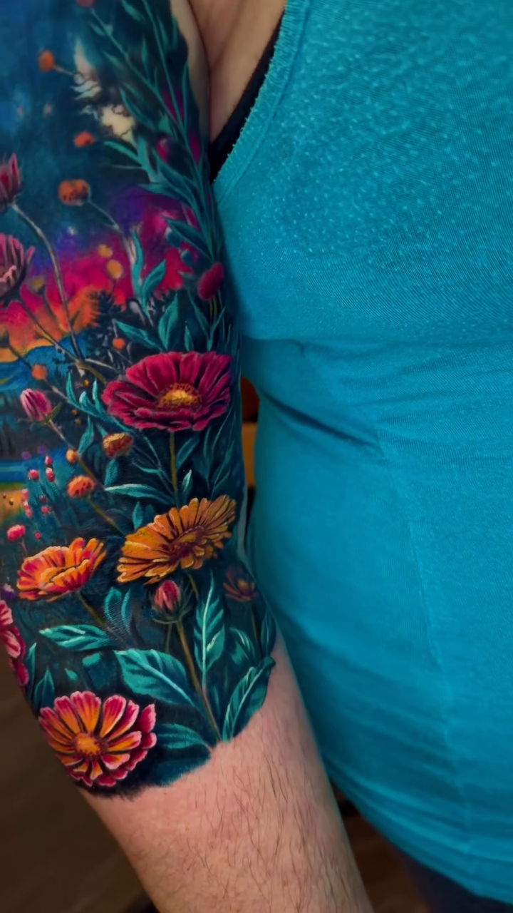 Floral landscape with sunset neo-traditional tattoo by Michael brown