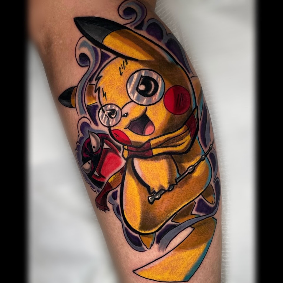 Pikachu American traditional tattoo on the forearm by David Carras-pol, Miramar, Florida