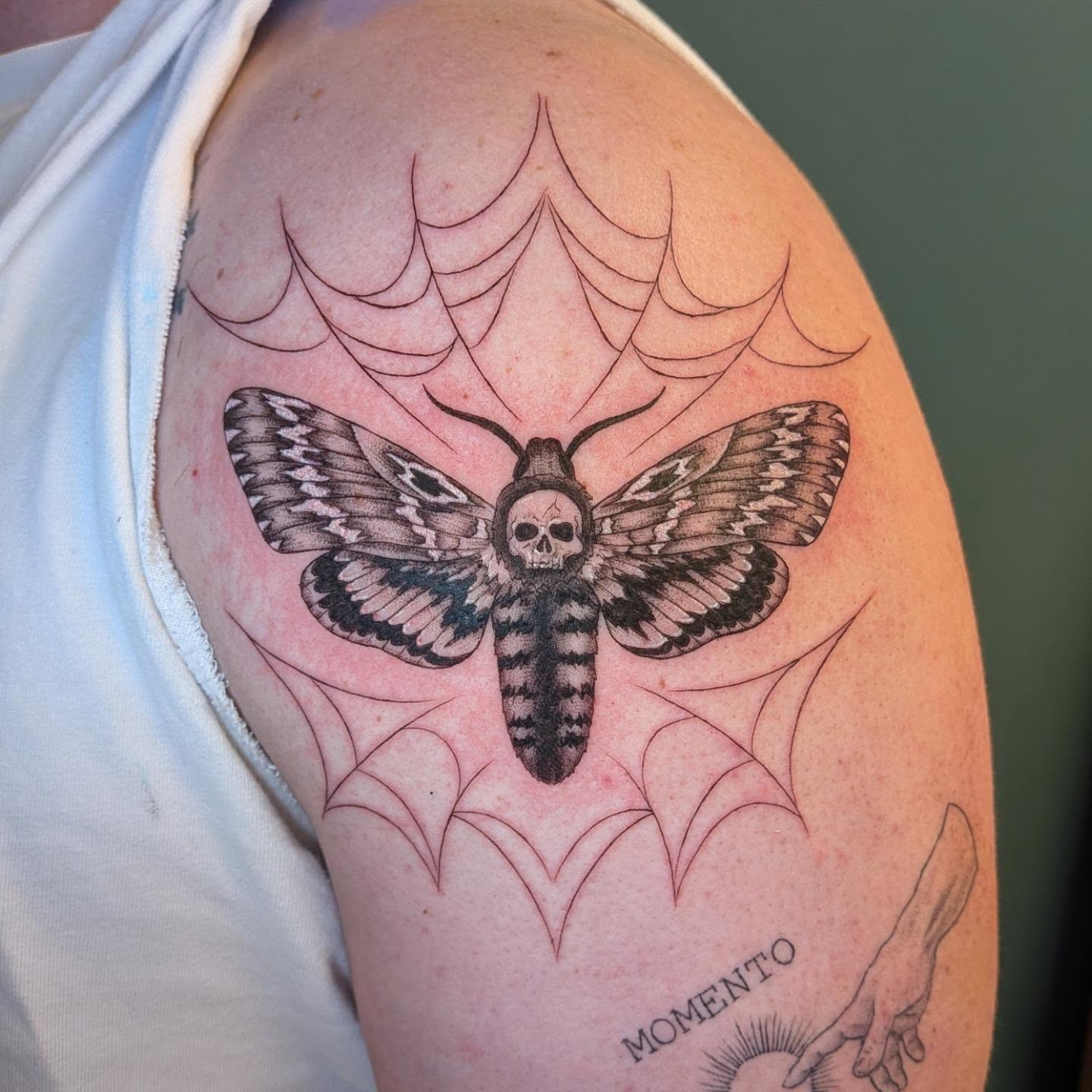 Death moth dark realism tattoo on the shoulder by L U C y, Knoxville, Tennessee