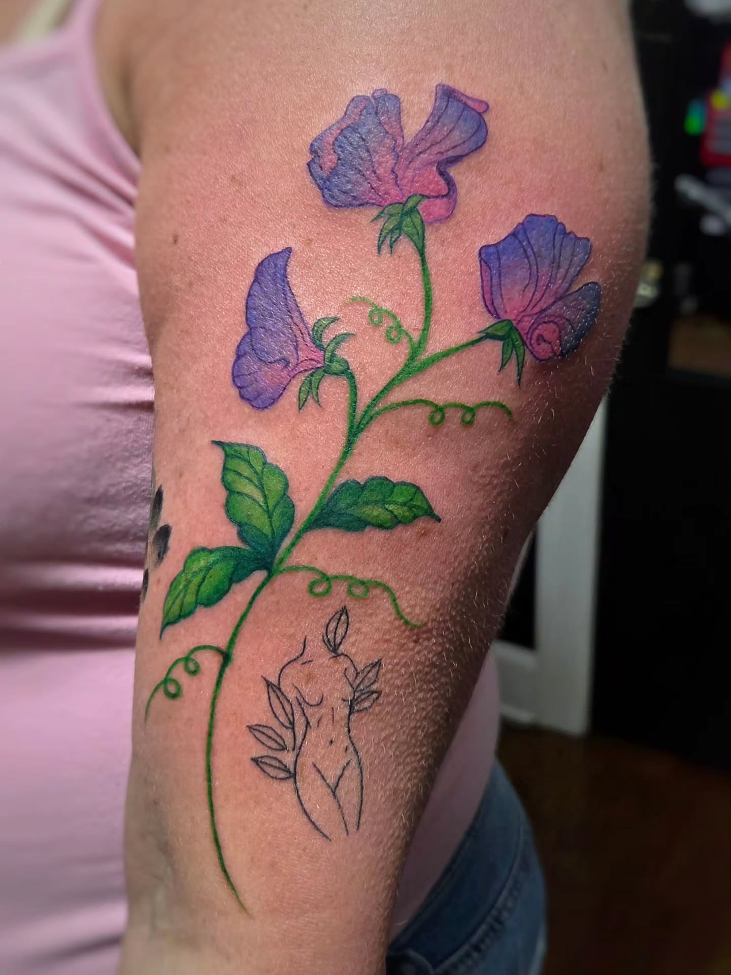 Sweet pea flowers new school tattoo on the forearm by Jam ⚡️🐉🖤