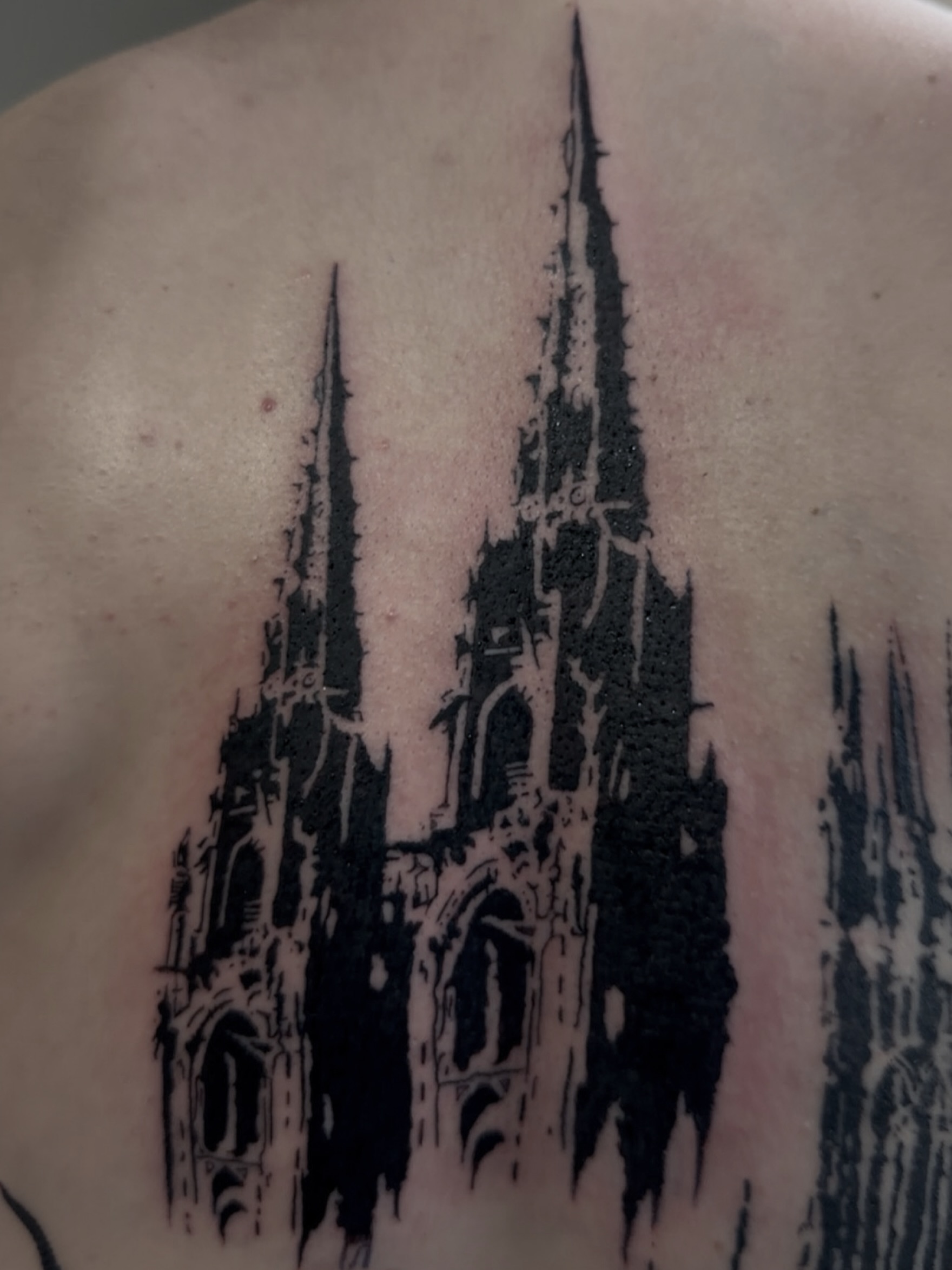 Gothic cathedral black and grey tattoo on the shoulder by Casper Tattoos Toronto