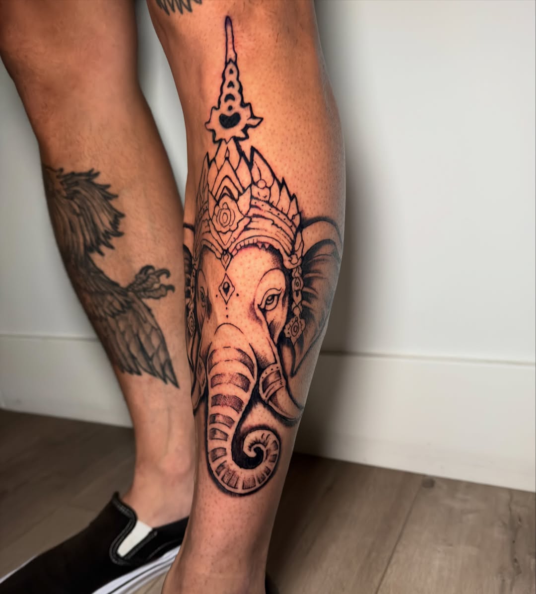 Elephant black and grey tattoo on the calf by David Yancy III