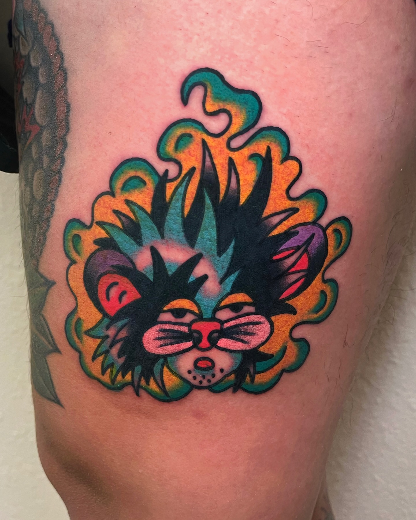 Cat American traditional tattoo on the thigh by Tattoo Dust ☻ Los Angeles