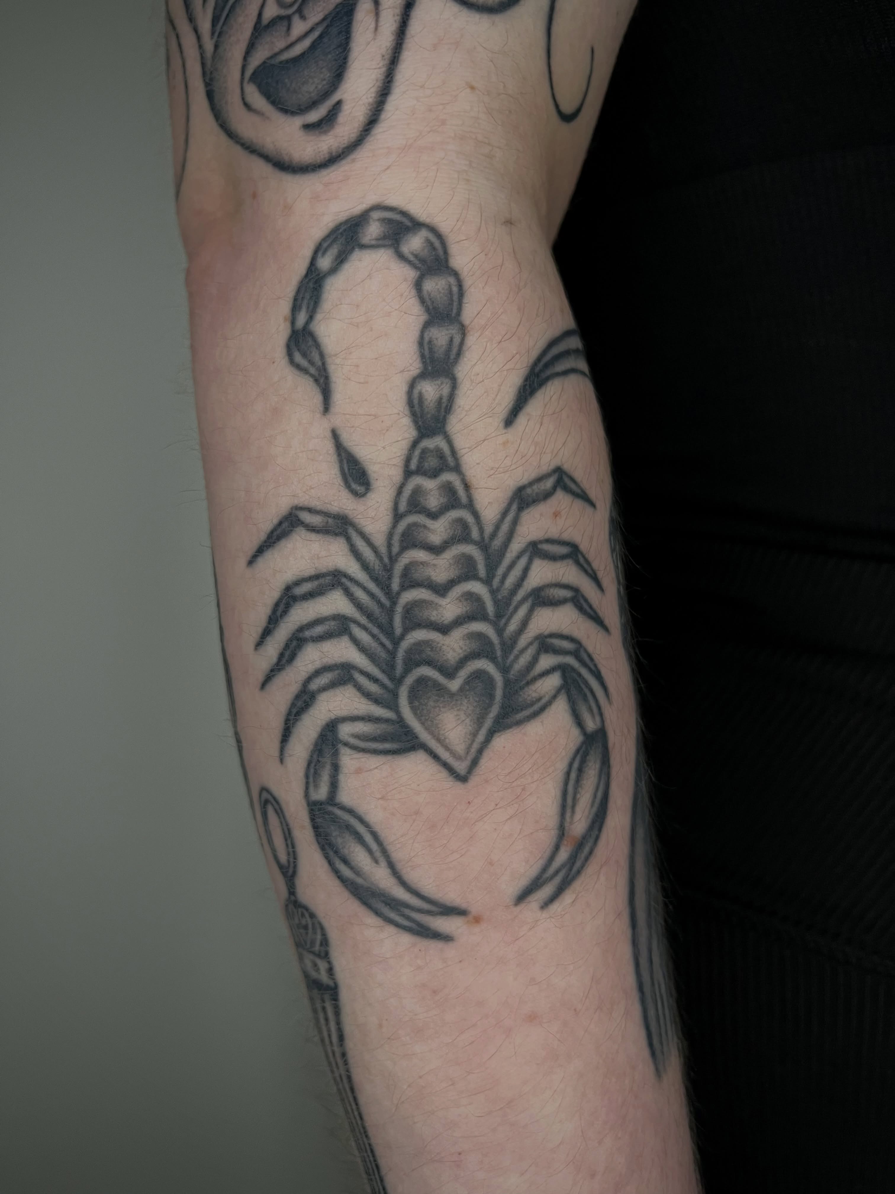 Scorpion black and grey tattoo on the forearm by Patrick Elijah