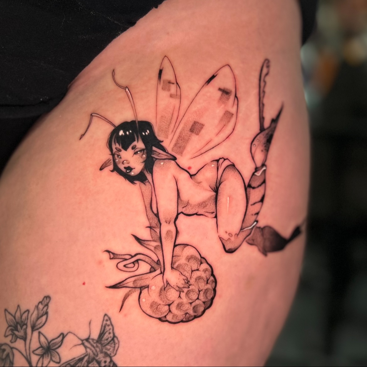 Tattoo by @crownandcrowtattoo — dotwork, anime
