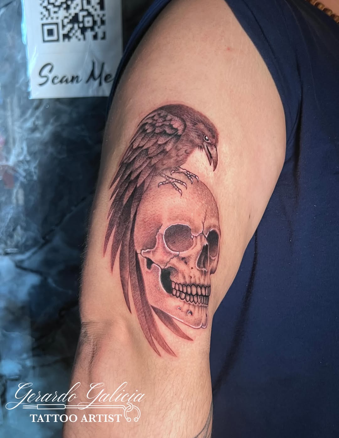 Raven on skull realism tattoo on the forearm by Gerardo Galicia, New York, New York