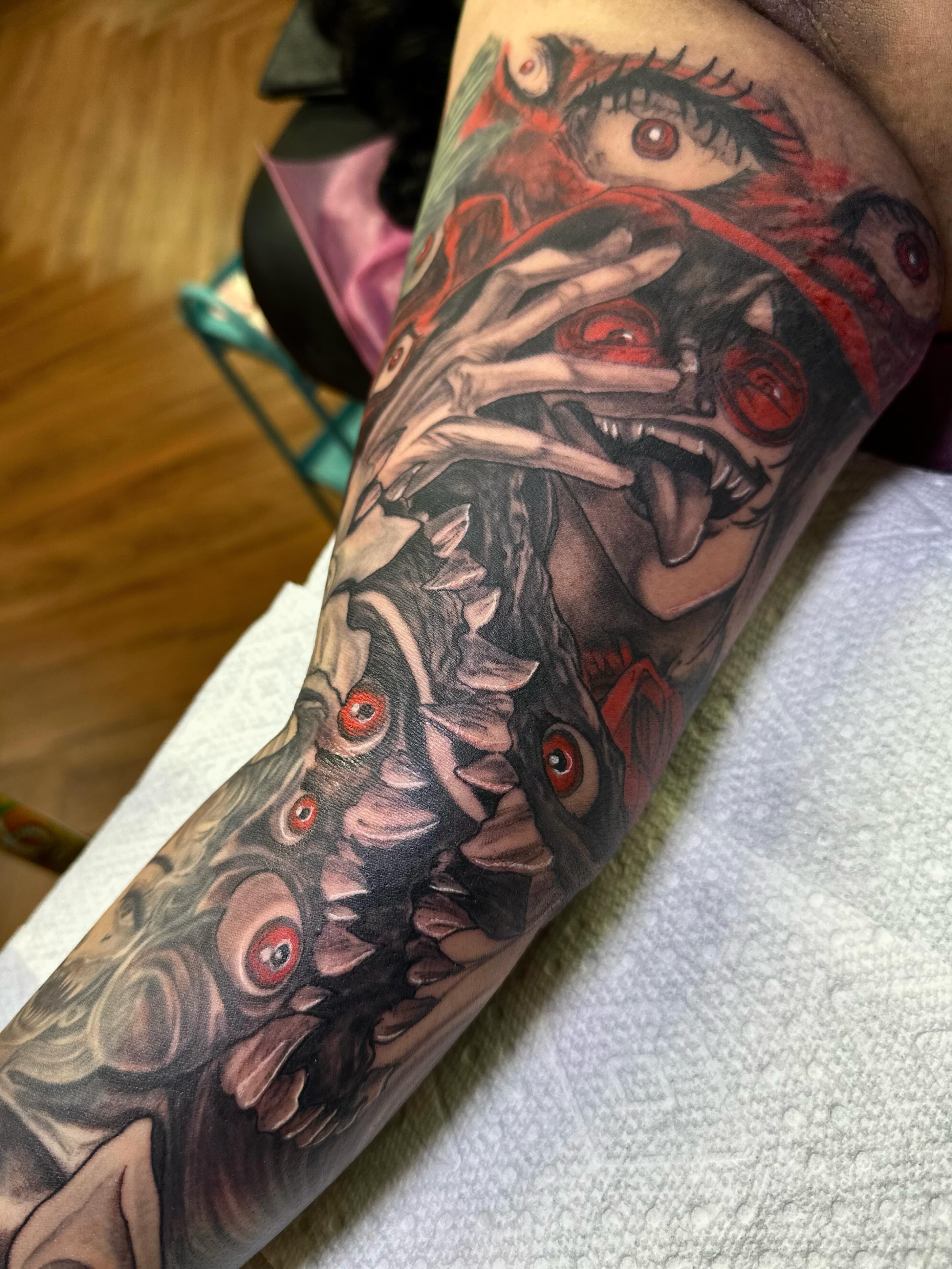 Monster dark realism tattoo on the forearm by Mathilda Quynh