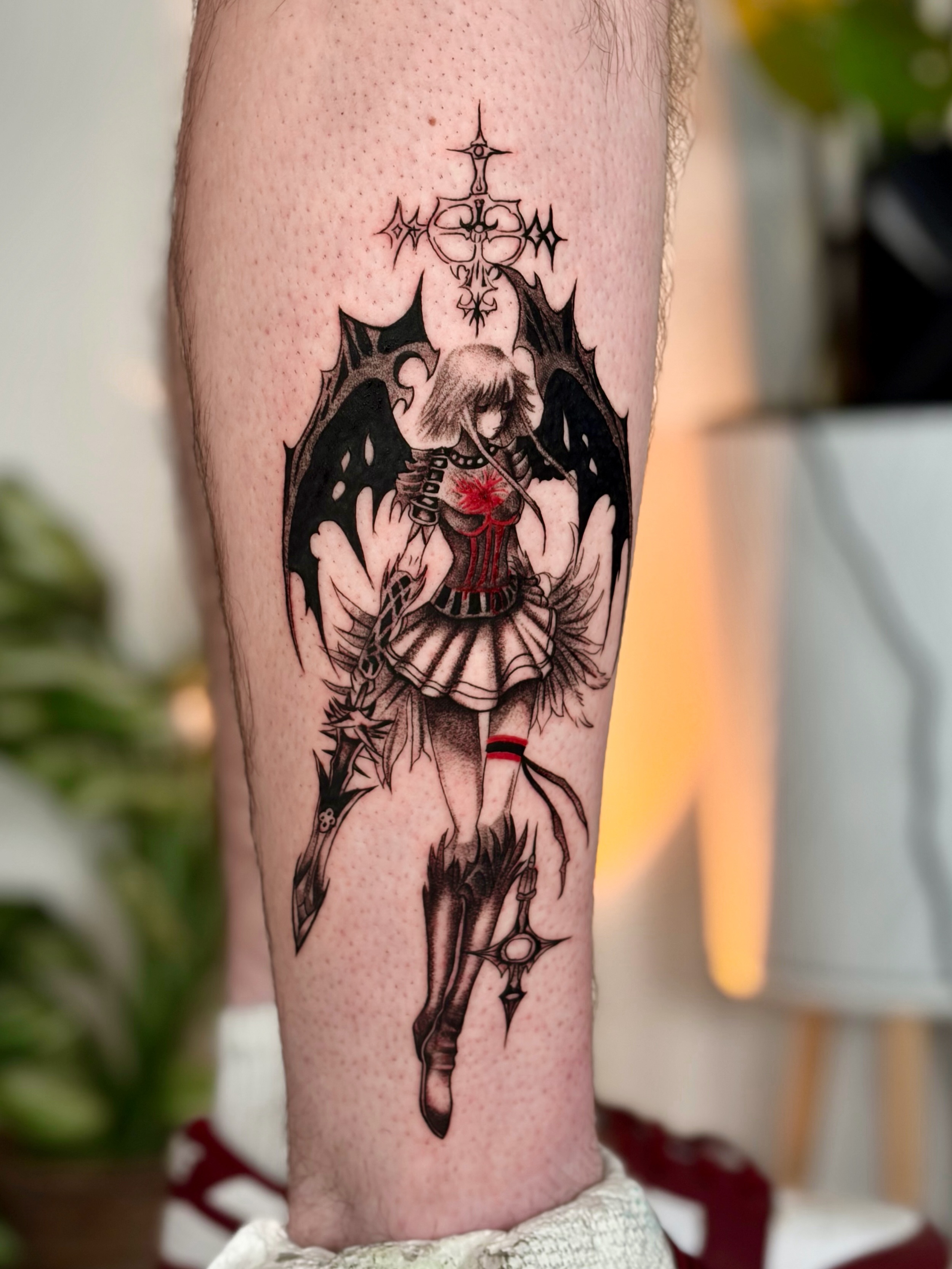 Angelic figure dark realism tattoo on the calf by Quinn ᶻ 𝗓 𐰁 .ᐟ, Charlotte, North Carolina