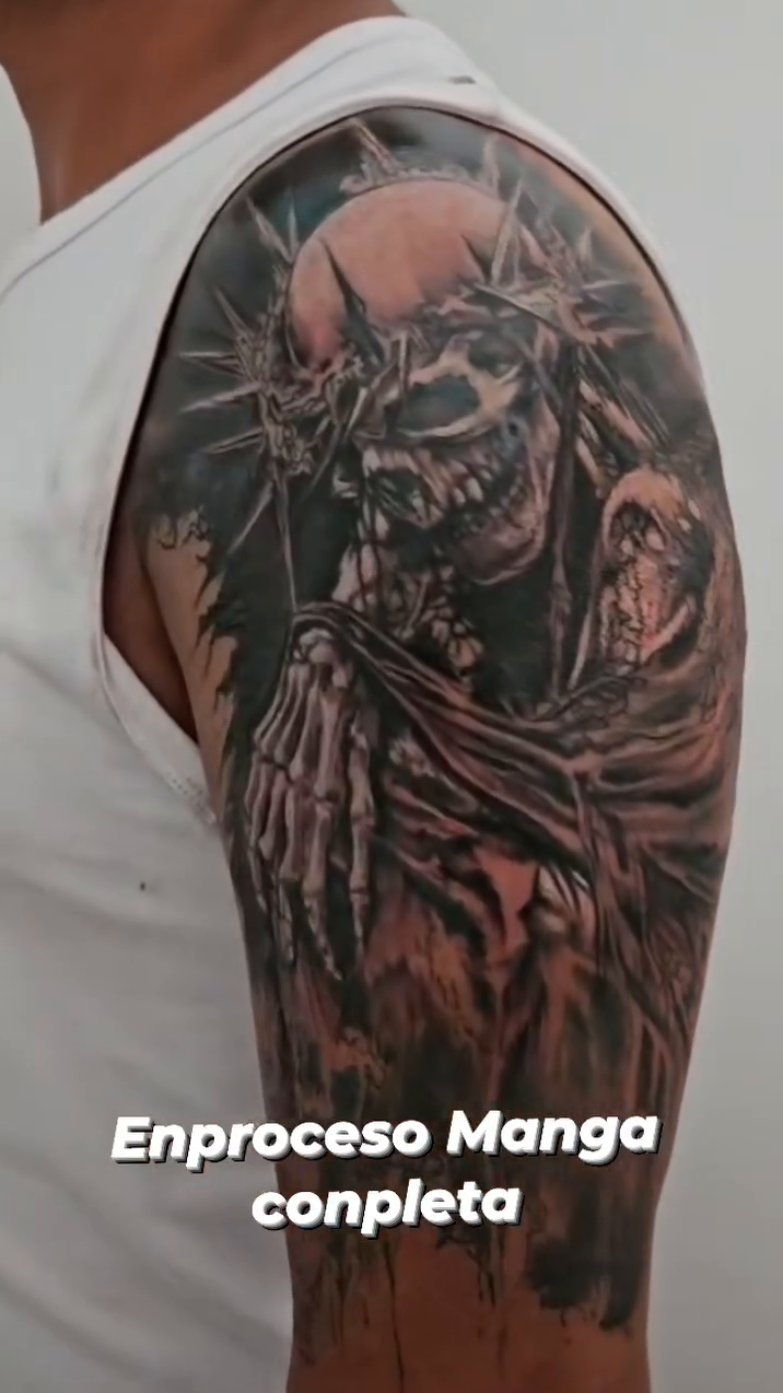 Grim reaper with crown of thorns dark realism tattoo by Aguascali Firme