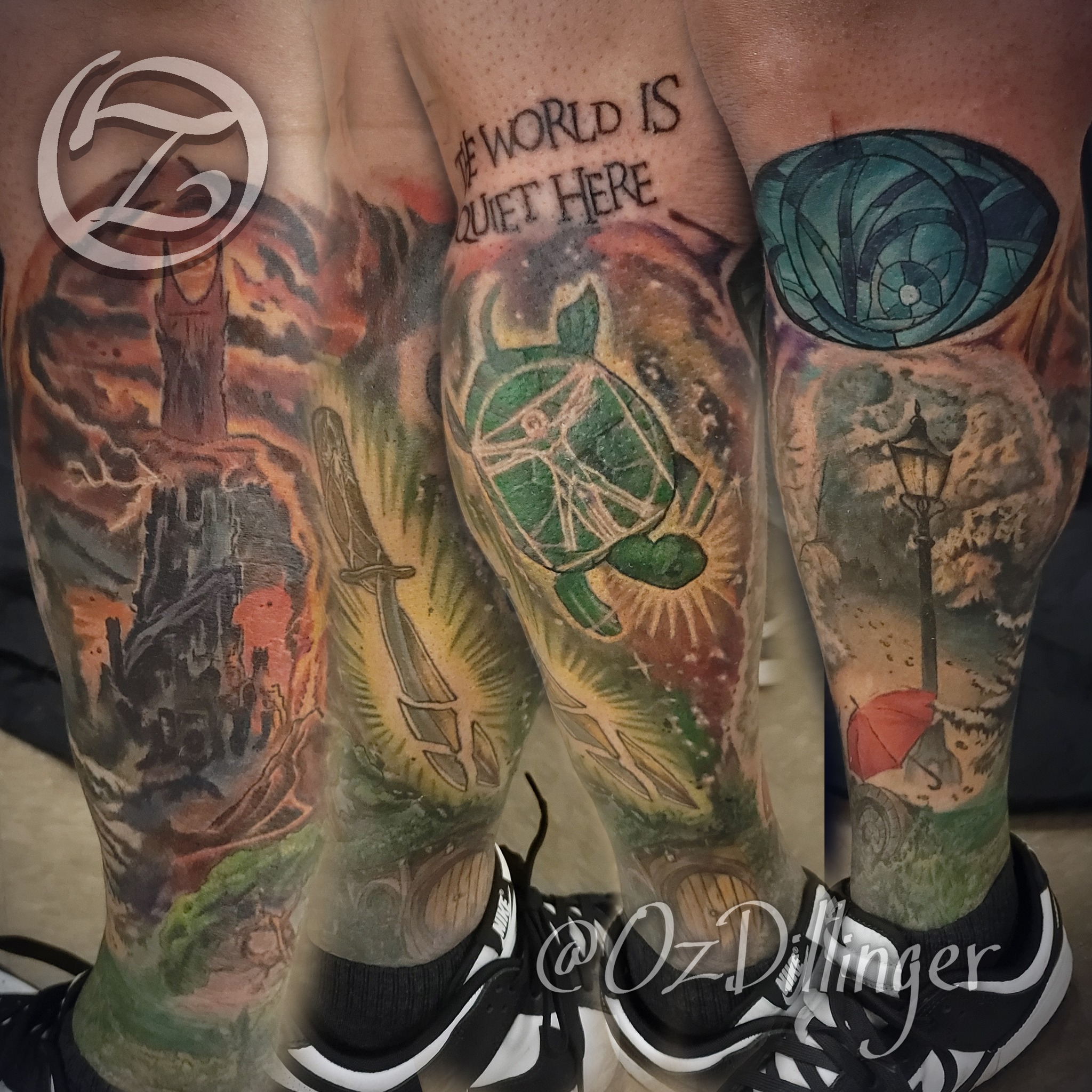 Fantasy landscape realism tattoo on the forearm by Oz Dillinger