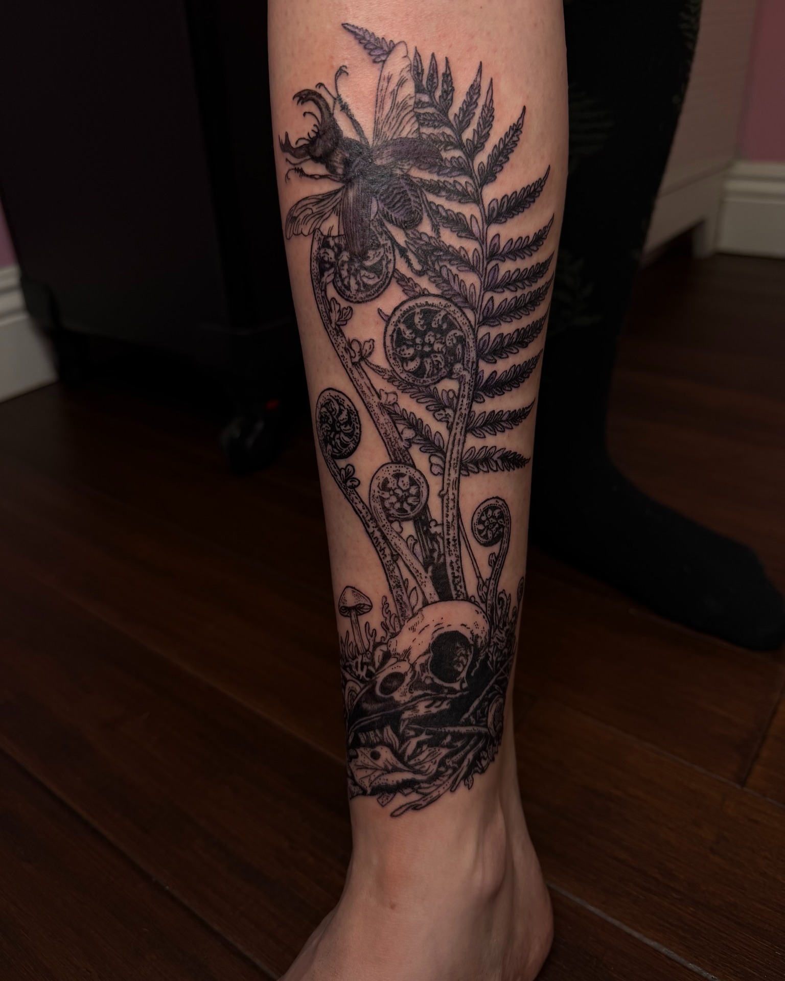 Insect and fern realism tattoo on the forearm by Tattoo Artist X Kamm, Salt Lake City, Utah