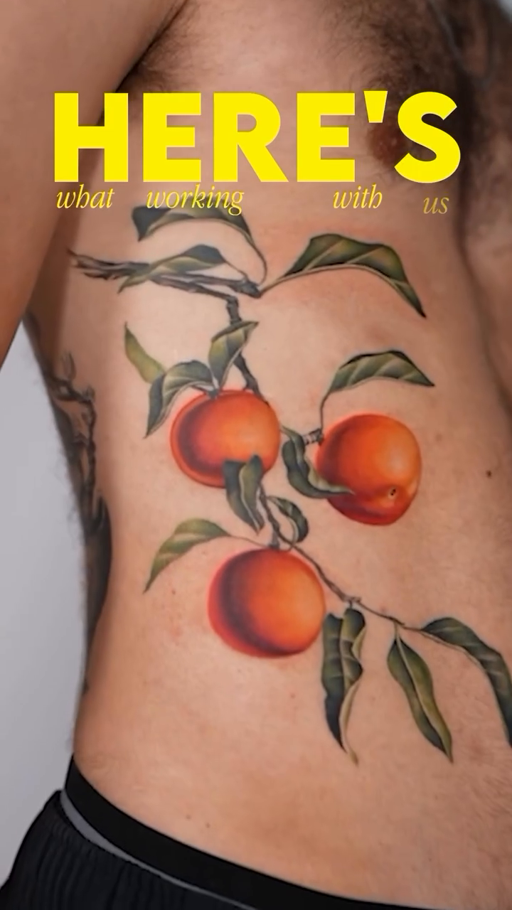 Peaches on a branch realism tattoo by Jerm Lewis