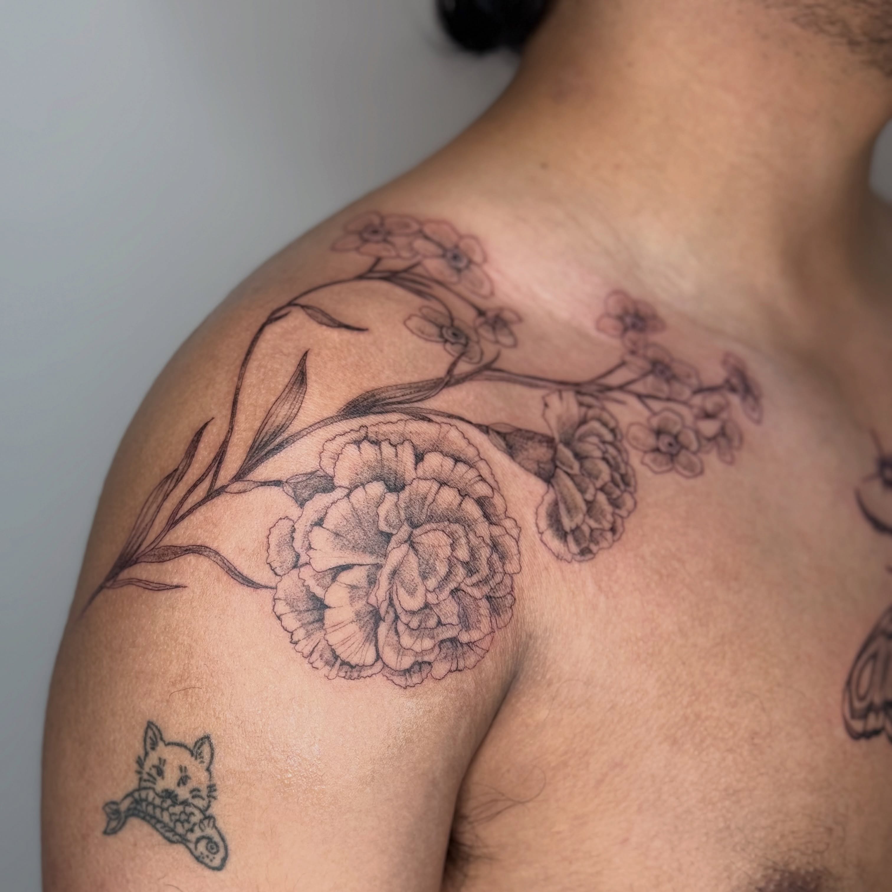 Peony flower black and grey tattoo on the shoulder by ❁ Marlo Marquise Tattoo Artist ❁