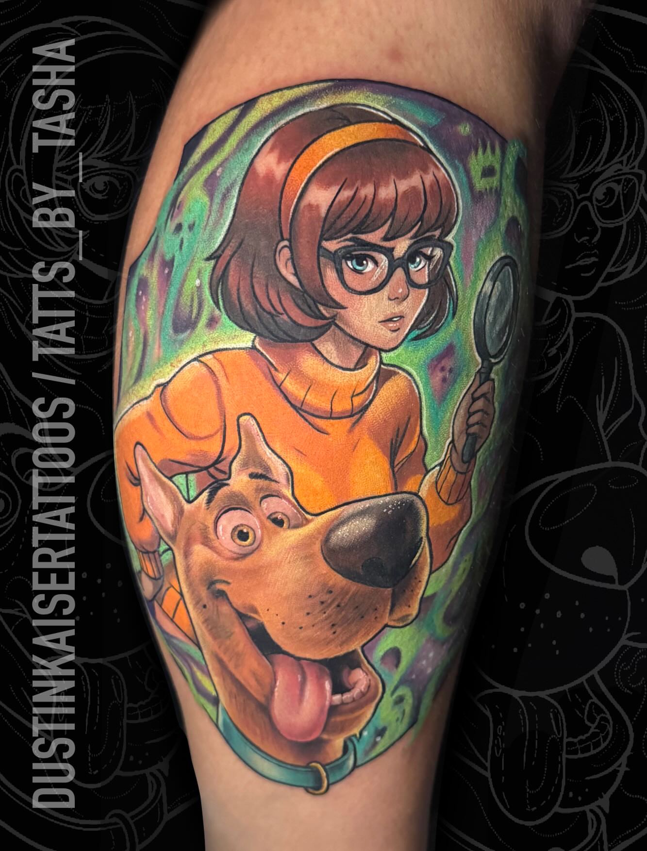 Daphne and Scooby-Doo realism tattoo on the forearm by Dustin Kaiser, Mentor, Ohio