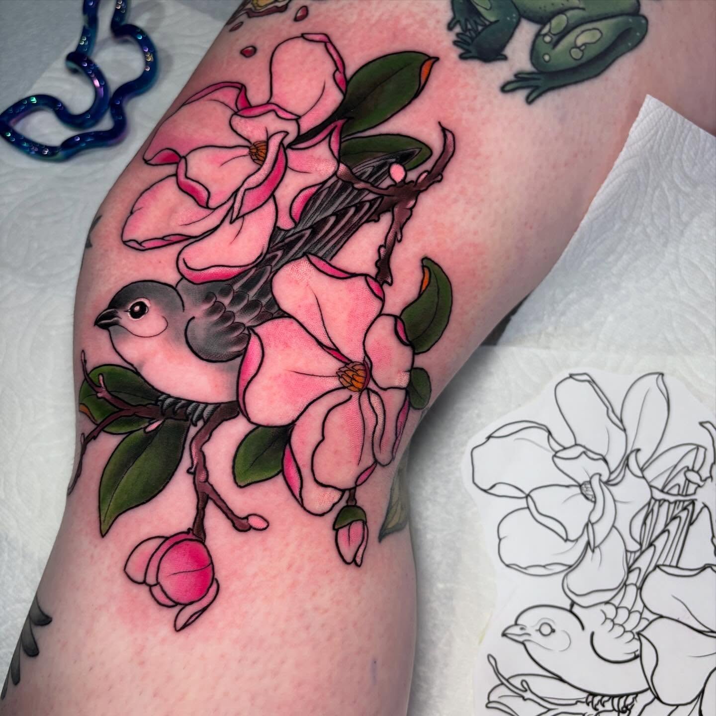 Magnolia and bird American traditional tattoo on the forearm by ✨REiD✨
