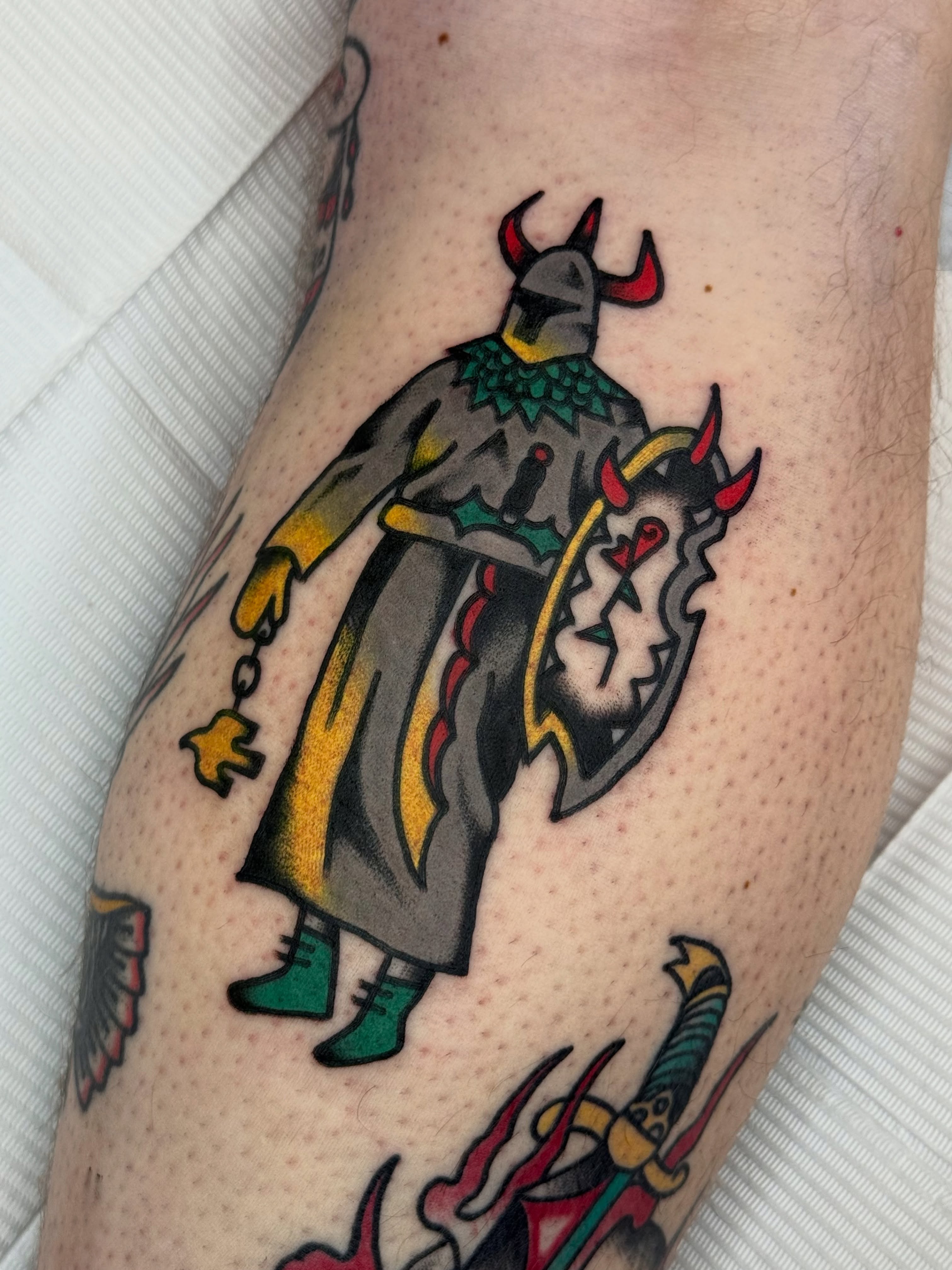 Viking warrior American traditional tattoo on the forearm by Roman