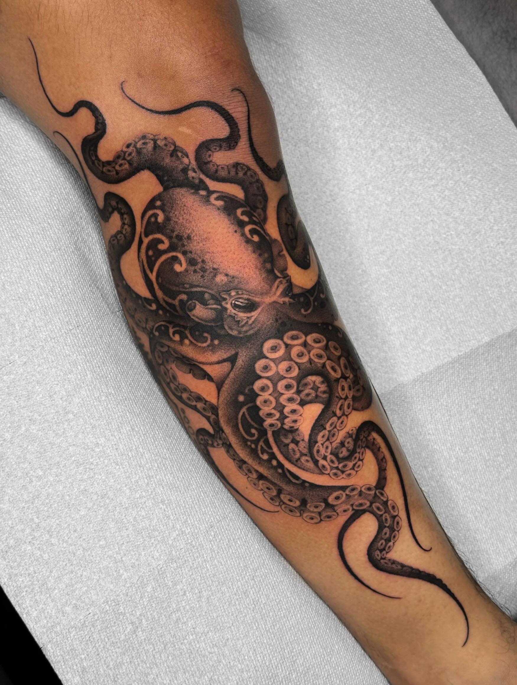 Octopus black and grey tattoo on the forearm by ☠︎ Mikayla Benson  ☠︎