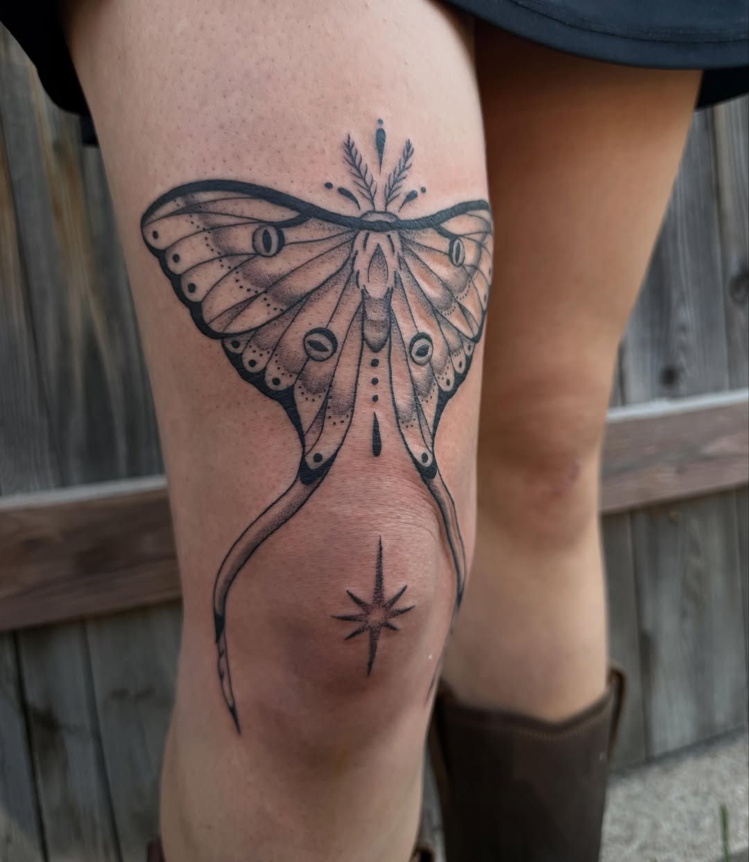 Moth dotwork tattoo on the thigh by Ellie MacPherson🌱🧚🏻‍♀️🫧
