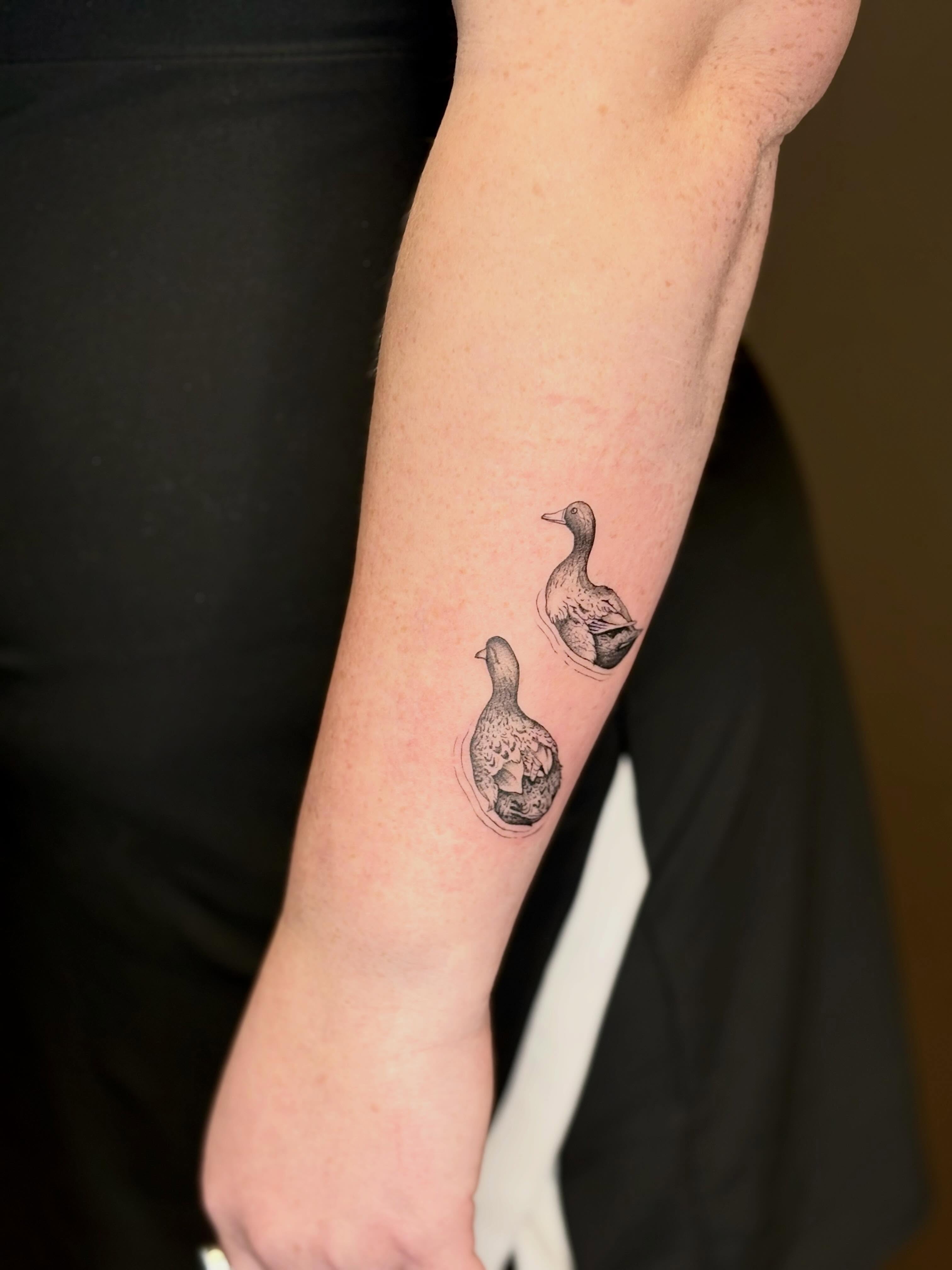 Ducks black and grey tattoo on the forearm by 🖤Sidney🖤