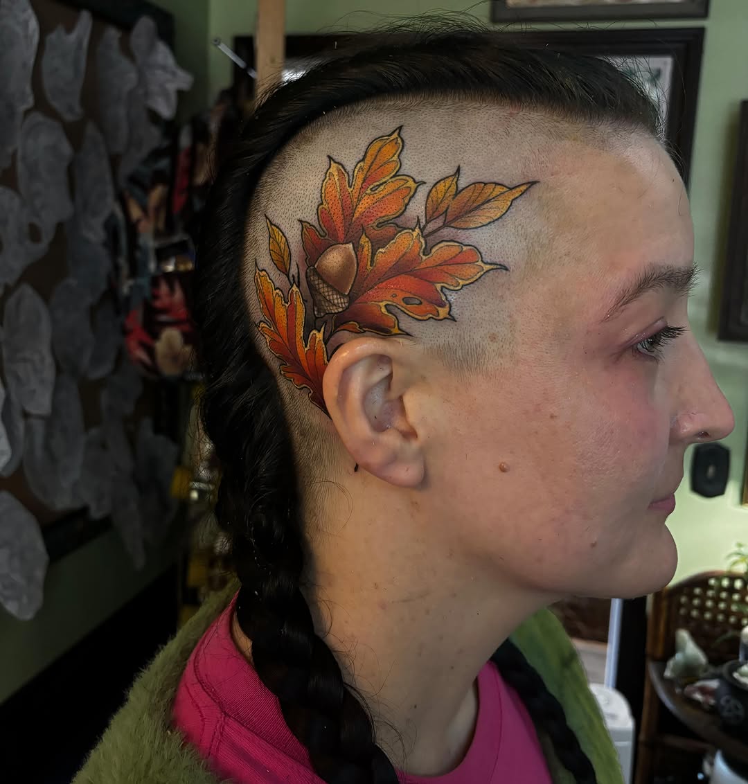 Fall leaves and acorn dotwork tattoo on the head by Alex