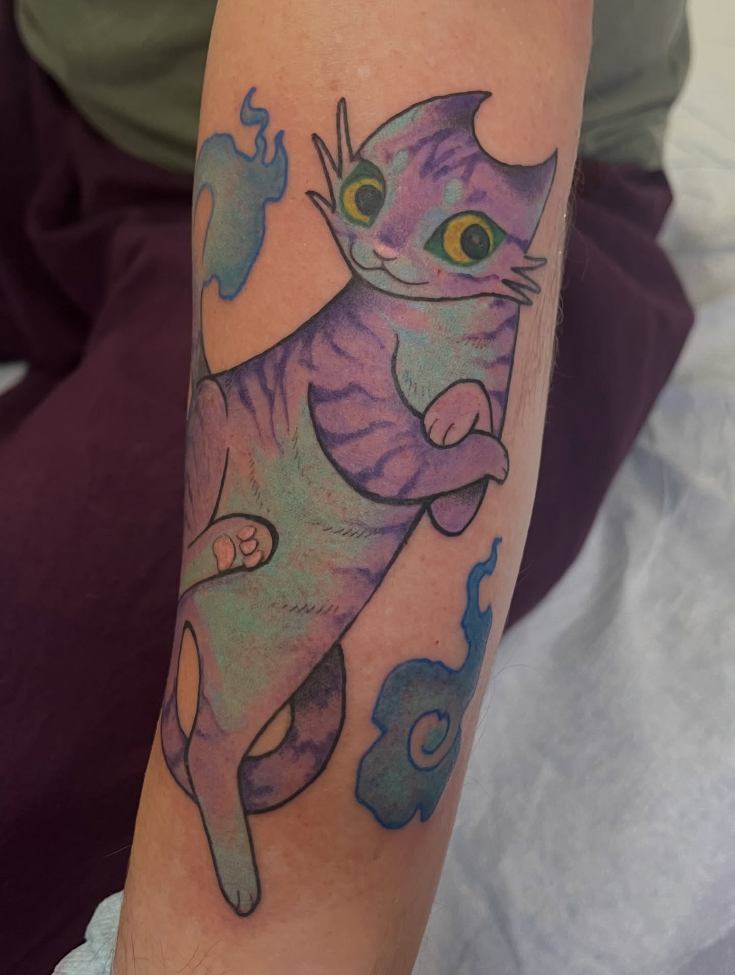 Cat new school tattoo on the forearm by Lacey B, Portland, Oregon