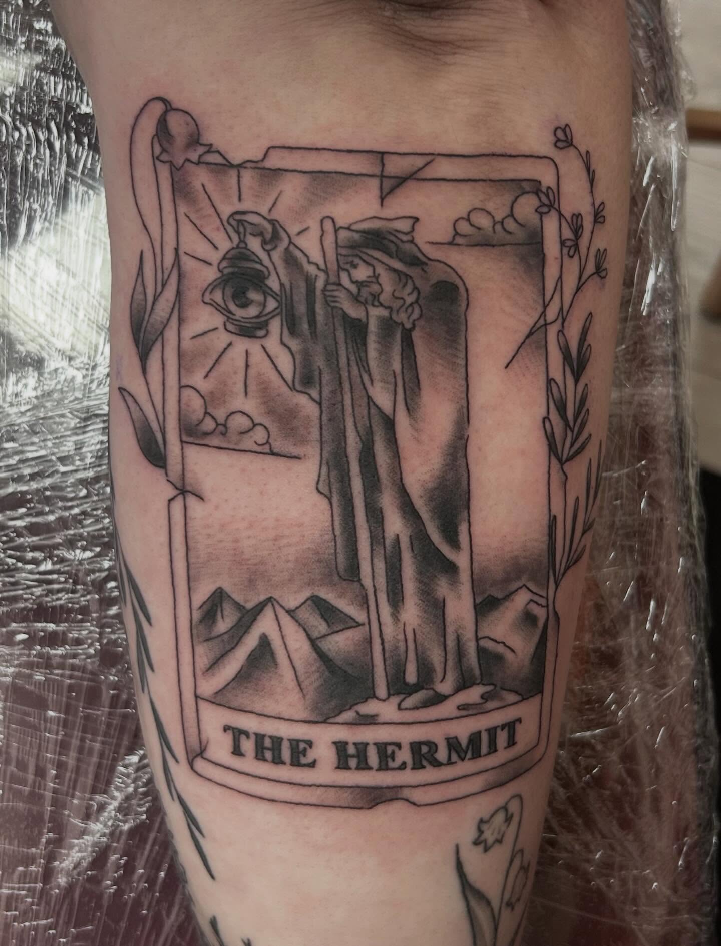 The hermit tarot card black and grey tattoo on the forearm by Red✨, Gansevoort, New York